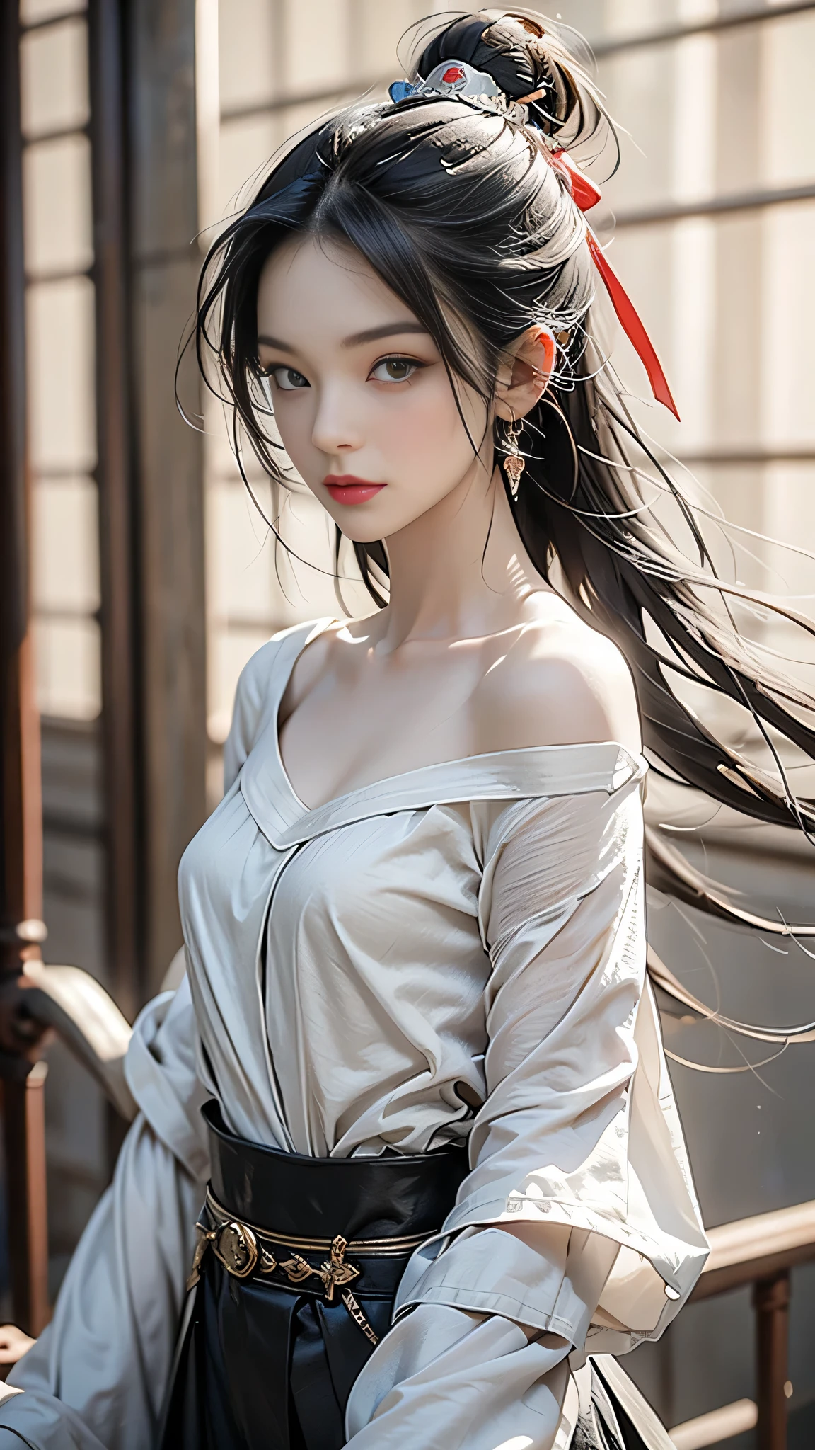 Beautiful and attractive woman in fashion trends, Gentle and attractive Chinese beauty, Delicate and sexy collarbone, Attractive oval face, double eyelid, Clever pink eyes, Pink Lips, Small Nose, Exposing shoulders, Focus on the face, Face close-up, Ultra high definition, Very detailed, The white off-the-shoulder shirt matches perfectly with the light blue slit skirt., Fresh and impressive