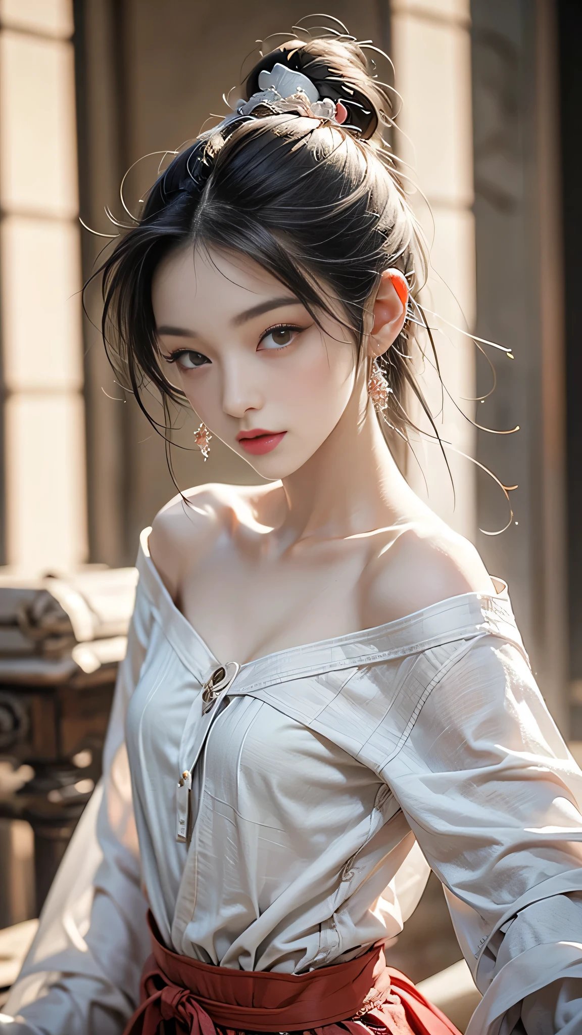 Beautiful and attractive woman in fashion trends, Gentle and attractive Chinese beauty, Delicate and sexy collarbone, Attractive oval face, double eyelid, Clever pink eyes, Pink Lips, Small Nose, Exposing shoulders, Focus on the face, Face close-up, Ultra high definition, Very detailed, The white off-the-shoulder shirt matches perfectly with the light blue slit skirt., Fresh and impressive