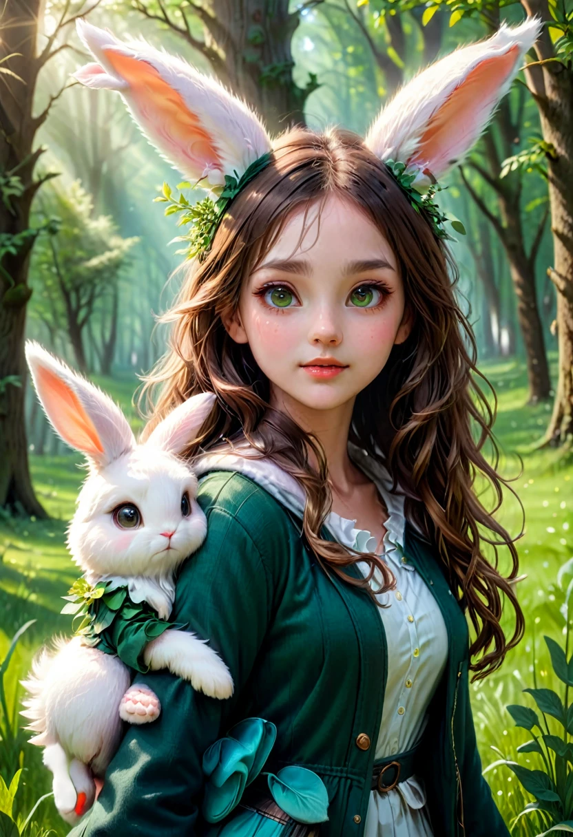 a cute girl with long fluffy rabbit ears, rabbit ears, bunny, green meadow, forest, photorealistic, highly detailed, 8k, (best quality,4k,8k,highres,masterpiece:1.2),ultra-detailed,(realistic,photorealistic,photo-realistic:1.37),HDR,UHD,studio lighting,extreme detail description,vivid colors,soft lighting,warm colors,natural environment