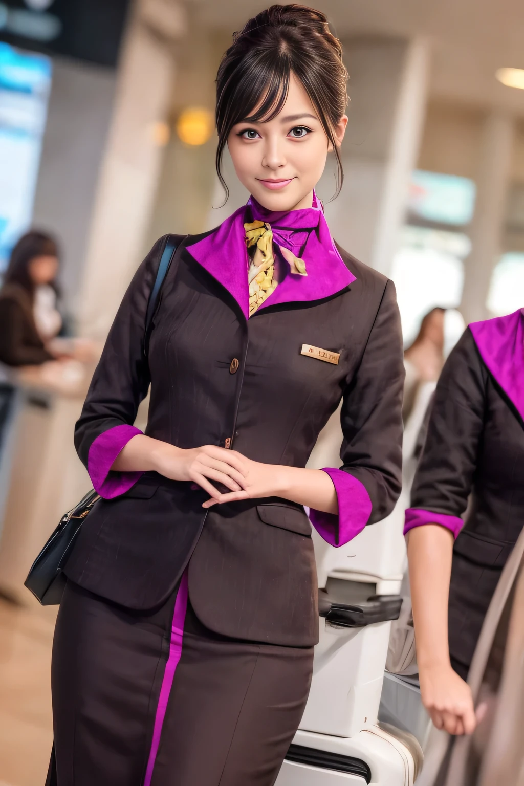 (masterpiece:1.2、highest quality:1.2)、32K HDR、High resolution、(alone、1 girl、Slim figure)、（A realistic reproduction of the ETIHAD Airways Cabincrew Uniform）、 (At the airport counter, Professional Lighting)、A proper woman, Beautiful Face,、（Long sleeve ETIHAD Airways Cabincrew Uniform）、（ETIHAD Airways Cabincrew Uniform skirt with purple stripe on the front）、（scarf on chest）、Big Breasts、（Long Hair Up、Hair Bun）、Dark brown hair、Long Shot、（（Great hands：2.0））、（（Harmonious body proportions：1.5））、（（Normal limbs：2.0））、（（Normal finger：2.0））、（（Delicate eyes：2.0））、（（Normal eyes：2.0））)、Beautiful standing posture、smile