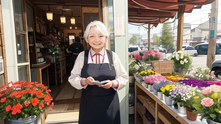 Old lady saleswoman at a flower shop、A big smile、Inside the store、Buckshot、customer
