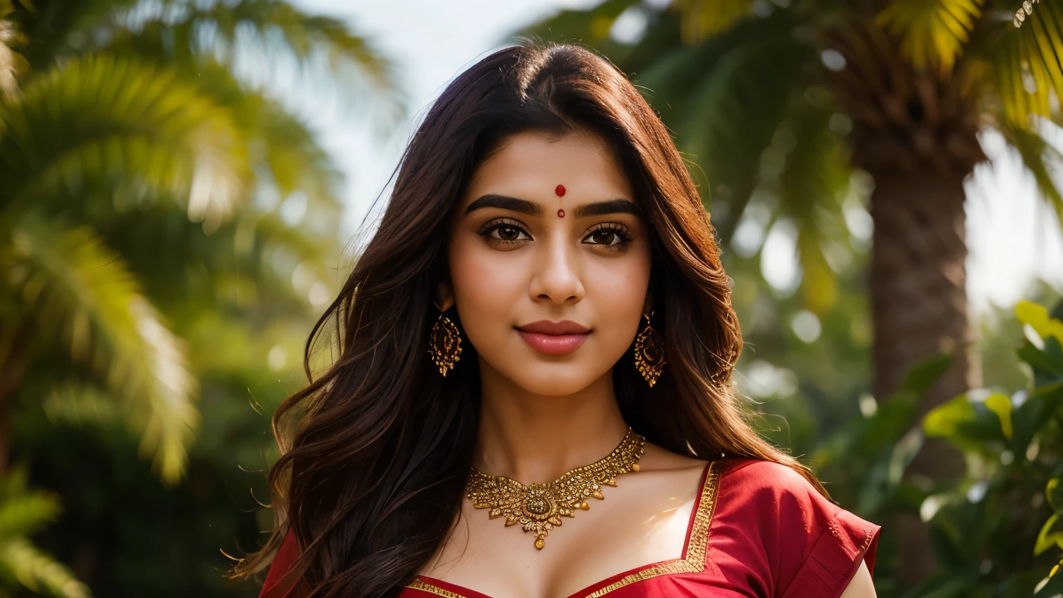Portrait of A confident-looking 23 year old Pakistani woman with long flowing brown hair, big breasts, hazel eyes, without flowing capes, red sleeveless blouse, matching red bindi, matching black bangles, standing in a garden, water background, bokeh, perfect composition, hyperrealistic, super detailed, 8k, high quality, trending art, trending on artstation, sharp focus, studio photo, intricate details, highly detailed, perfect 36-26-36 figure, charming smile, very pretty, very beautiful, elegance, having a beautiful matching bindi, seductively standing, art by greg rutkowski