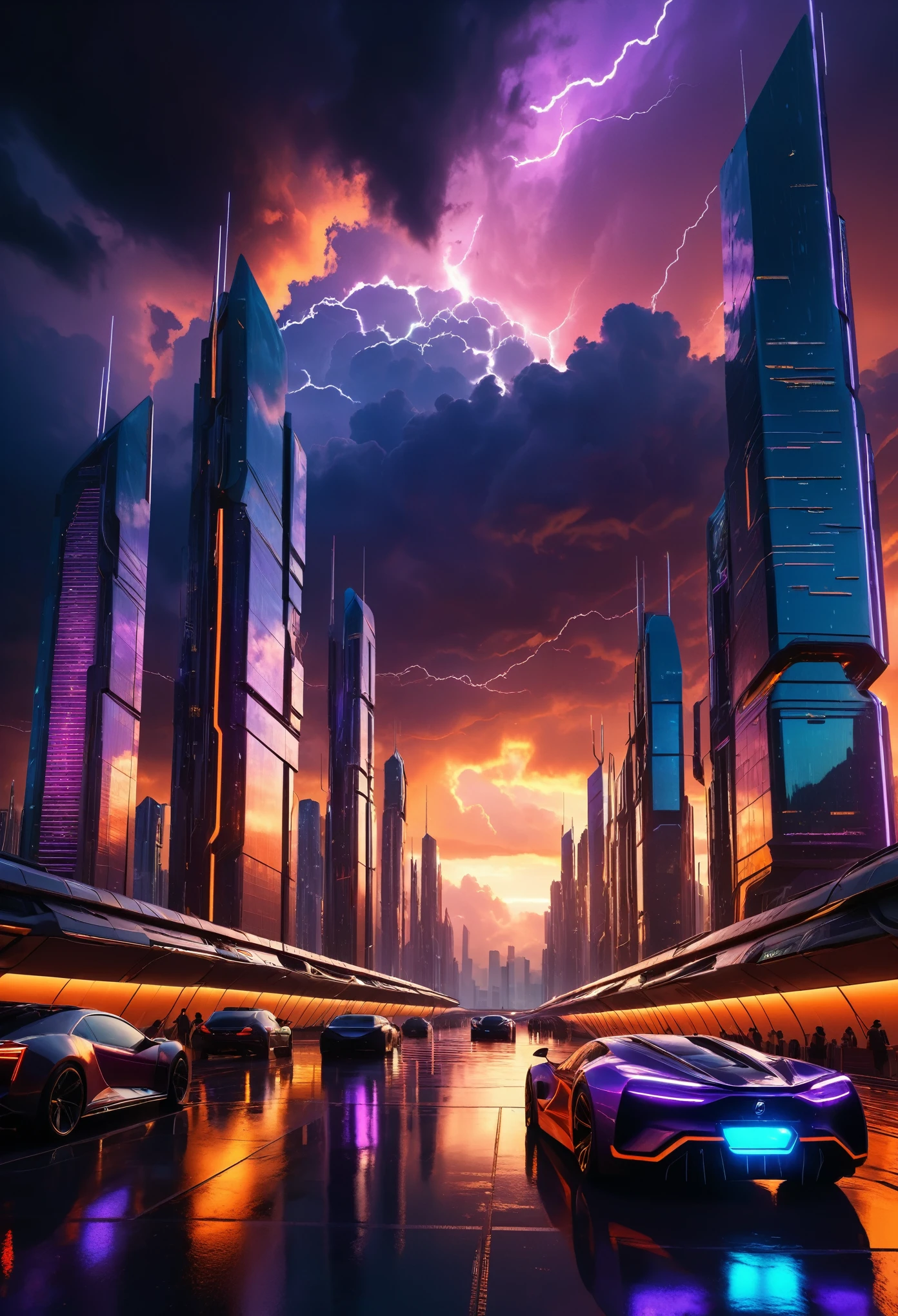 a futuristic city surrounded by dark clouds during sunset, (best quality,4k,8k,highres,masterpiece:1.2),ultra-detailed,(realistic,photorealistic,photo-realistic:1.37),cityscape,cyberpunk,dramatic lighting,moody atmosphere,cinematic,intricate architecture,neon lights,glowing windows,futuristic technology,towering skyscrapers,hovering vehicles,flying cars,rain,storm clouds,warm sunset colors,orange and purple sky,dramatic shadows,cinematic composition,epic scale,intricate details