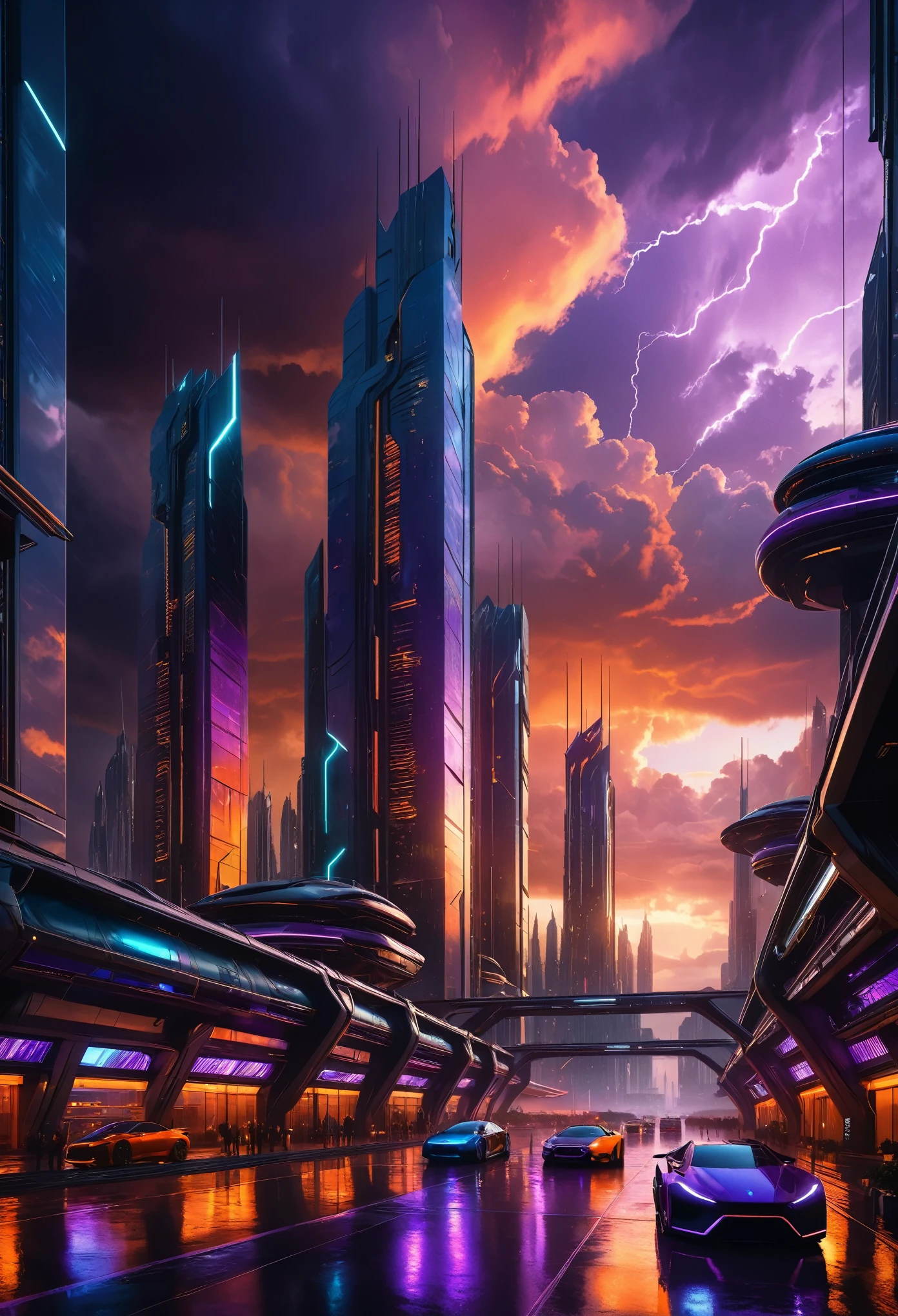 a futuristic city surrounded by dark clouds during sunset, (best quality,4k,8k,highres,masterpiece:1.2),ultra-detailed,(realistic,photorealistic,photo-realistic:1.37),cityscape,cyberpunk,dramatic lighting,moody atmosphere,cinematic,intricate architecture,neon lights,glowing windows,futuristic technology,towering skyscrapers,hovering vehicles,flying cars,rain,storm clouds,warm sunset colors,orange and purple sky,dramatic shadows,cinematic composition,epic scale,intricate details