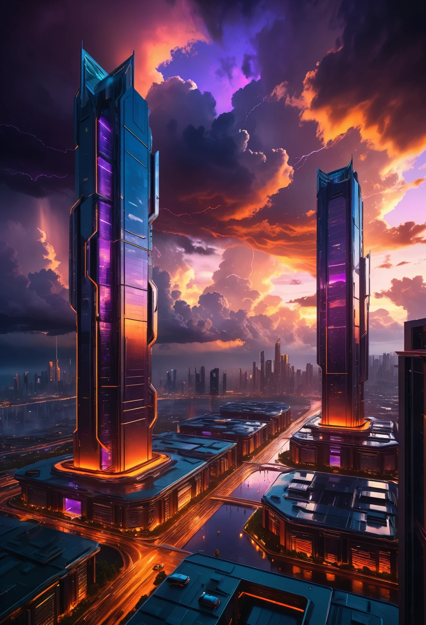 a futuristic city surrounded by dark clouds during sunset, (best quality,4k,8k,highres,masterpiece:1.2),ultra-detailed,(realistic,photorealistic,photo-realistic:1.37),cityscape,cyberpunk,dramatic lighting,moody atmosphere,cinematic,intricate architecture,neon lights,glowing windows,futuristic technology,towering skyscrapers,hovering vehicles,flying cars,rain,storm clouds,warm sunset colors,orange and purple sky,dramatic shadows,cinematic composition,epic scale,intricate details
