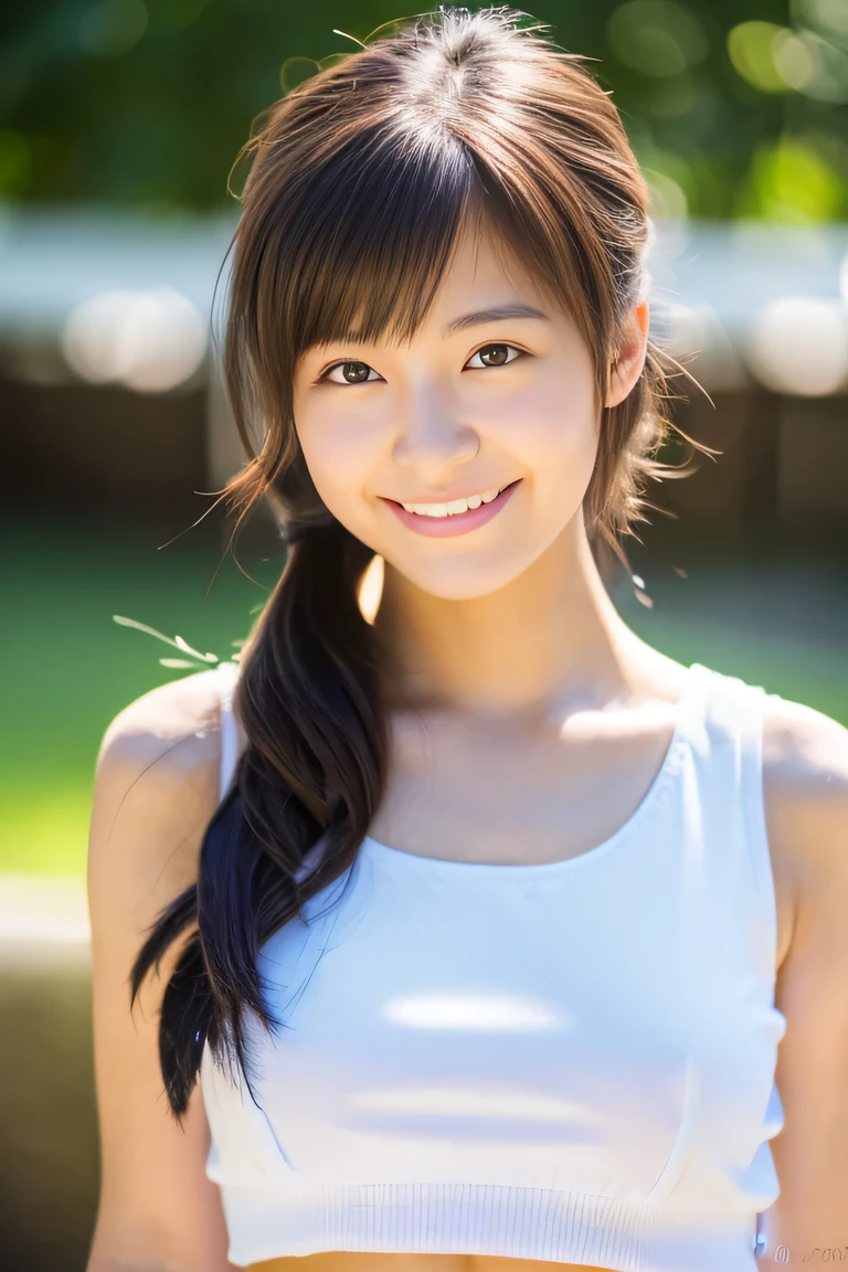 (The body is facing the viewer), (the body is facing the front), Lens 135mm f1.8, (highest quality),(RAW photo), , (Beautiful  Japanese girl), cute face, (deeply carved face:0.7), (freckles:0.6), ,dramatic , (japanese school (croptop) light_pink tanktop), (inside the school), shy, low twintails, , (smile),, (sparkling eyes)、(standing), ,