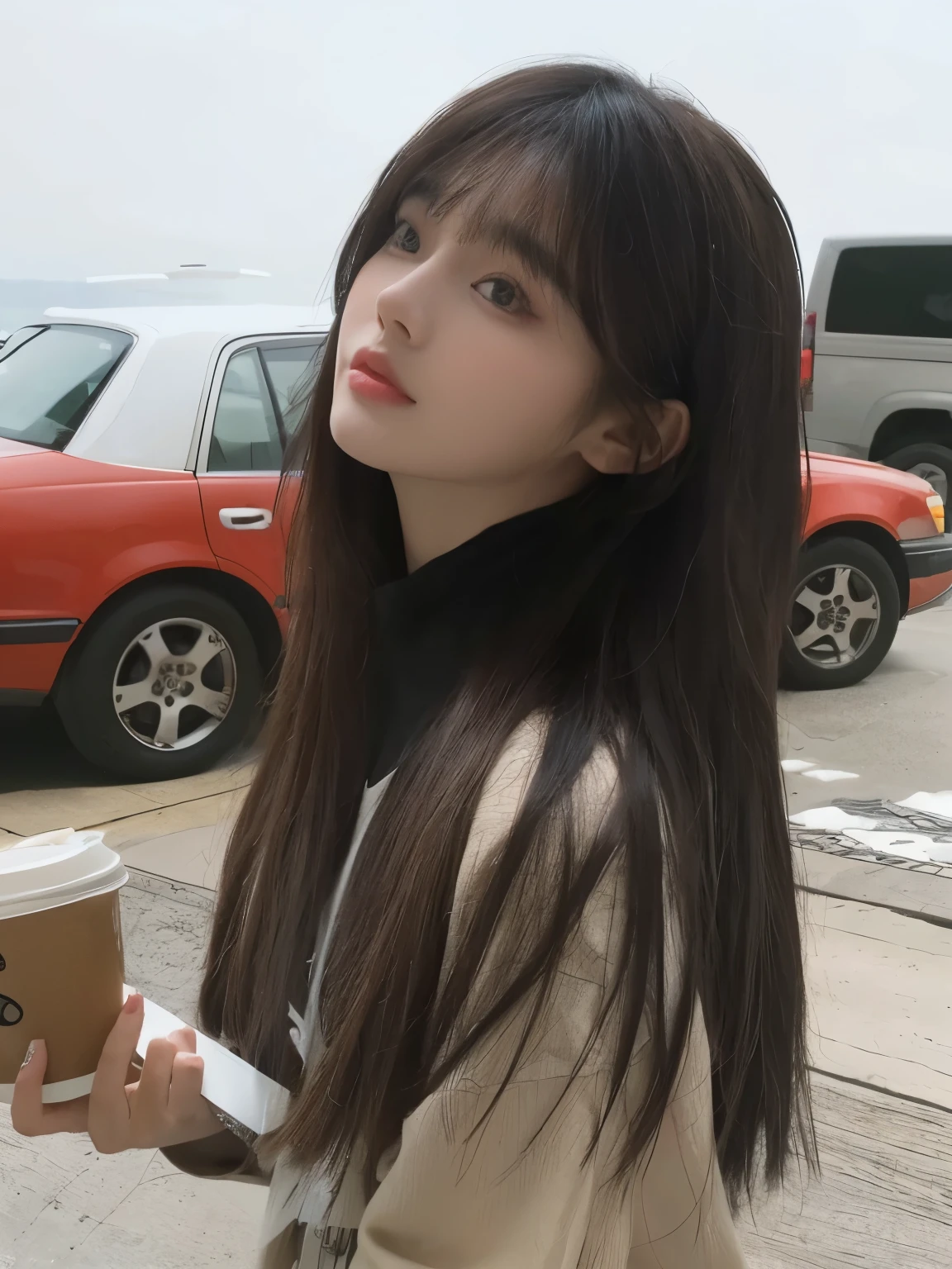 Long, straight black-brown hair，Increase hair volume，Straight bangs are naturally beautiful，Make the background more beautiful