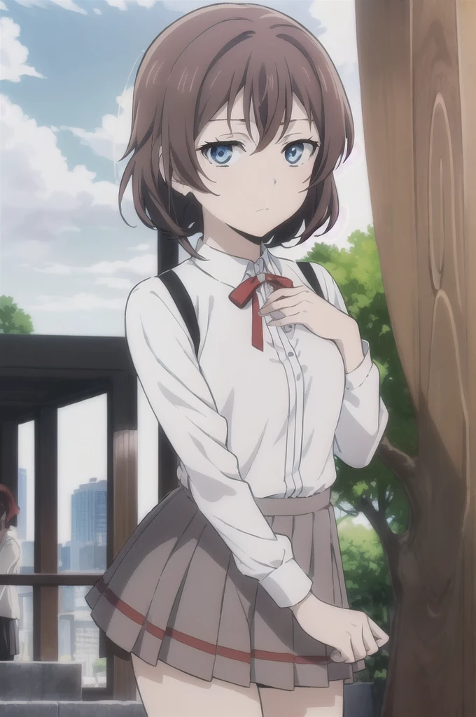 (extremely detailed CG unity 8k wallpaper),(masterpiece),(best quality),(ultra-detailed),(best illustration),(best shadow),(short brownish-red hair, wears a uniform gray skirt, white blouse, blue eyes, bungou stray dogs style.