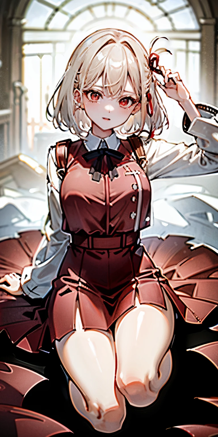 Absurd resolution, high resolution, (masterpiece: 1.4), super detailed, girl alone, from above, space, floating, platinum blonde, medium hair, red eyes