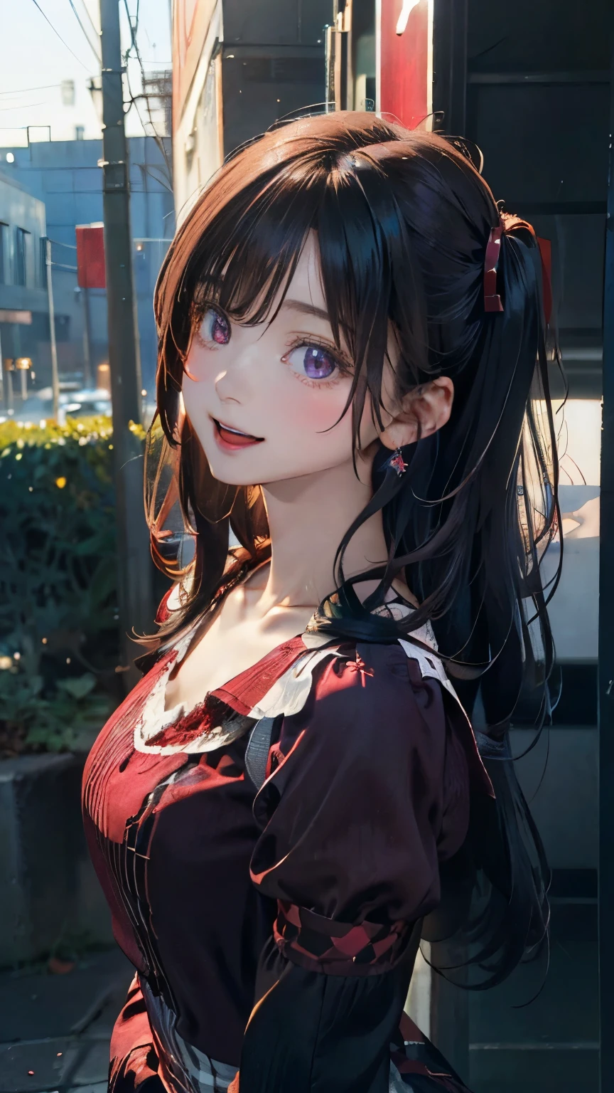 (masterpiece:1.2, top-quality), (realistic, photorealistic:1.4), beautiful illustration, (natural side lighting, movie lighting), depth of fields, 
looking at viewer, 1 girl, japanese, high school girl, perfect face, cute and symmetrical face, shiny skin, 
(long hair:1.7, (two side up:1.4), black hair, pink headband), blunt bangs, swept bang, purple eyes, long eye lasher, (medium breasts), slender
beautiful hair, beautiful face, beautiful detailed eyes, beautiful clavicle, beautiful body, beautiful chest, beautiful thigh, beautiful legs, beautiful fingers, 
((dark red argyle check v-neck one-piece, long sleeves white puff sleeve blouse, black choker)), black hand bag, 
(beautiful scenery), evening, (outside movie theater), walking, (lovely smile, upper eyes, open mouth small), 