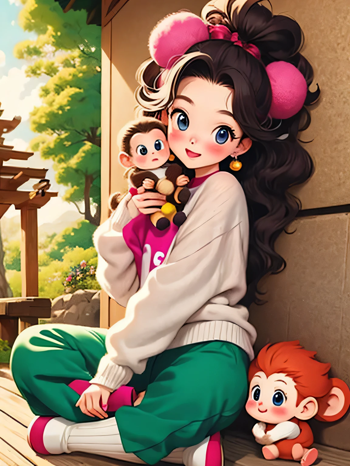 Akira Toriyama style, Kawaii Design, The most beautiful girl of all time、Chibi, monkey, play together、monkey Forest