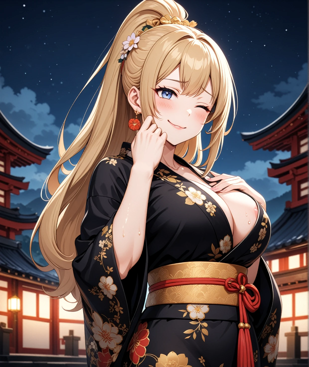 ((One woman)), Beautiful Face,Troubled face,((Wink:2.0)),Blushing,Glossy Lips,Abstract, Shrine at night, ((Anime style background)),masterpiece, highest quality, so beautiful, Absurd, up to date, Complex details, Pink long nails,AI-generated, Complex,High resolution, highest quality, super high quality,3D Images、View the viewers、3D Images,one person,Long Blonde Hair,(Hair with dark hairline),High Ponytail,blue eyes,Anime woman posing for a photo, [[Fine grain、Colorful eyes、Shining Eyes:1.15]],(Squint your eyes:1.1),a hyperRealistic , hyperRealistic , Realistic , Blonde anime woman with long hair, Smooth anime CG art, A woman in a colorful kimono with gold embroidery, Floral Yukata,Black kimono,Flower Hair Ornaments,Earrings,(Large Breasts:1.4),Mature Body,Sweat all over,tall,Big Ass,Fine details,Six-pack,Exposed nipples,Tilt your face,pinch the nipple with your fingers,