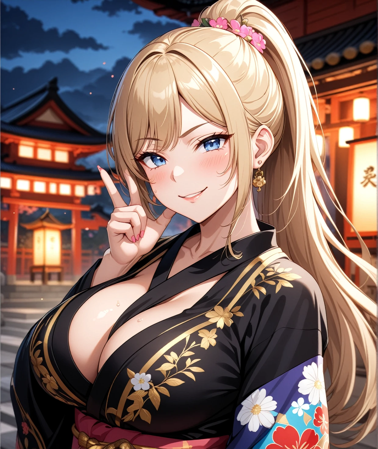 ((One woman)), Beautiful Face,Troubled face,((Wink:2.0)),Blushing,Glossy Lips,Abstract, Shrine at night, ((Anime style background)),masterpiece, highest quality, so beautiful, Absurd, up to date, Complex details, Pink long nails,AI-generated, Complex,High resolution, highest quality, super high quality,3D Images、View the viewers、3D Images,one person,Long Blonde Hair,(Hair with dark hairline),High Ponytail,blue eyes,Anime woman posing for a photo, [[Fine grain、Colorful eyes、Shining Eyes:1.15]],(Squint your eyes:1.1),a hyperRealistic , hyperRealistic , Realistic , Blonde anime woman with long hair, Smooth anime CG art, A woman in a colorful kimono with gold embroidery, Floral Yukata,Black kimono,Flower Hair Ornaments,Earrings,(Large Breasts:1.4),Mature Body,Sweat all over,tall,Big Ass,Fine details,Six-pack,Exposed nipples,Tilt your face,pinch the nipple with your fingers,