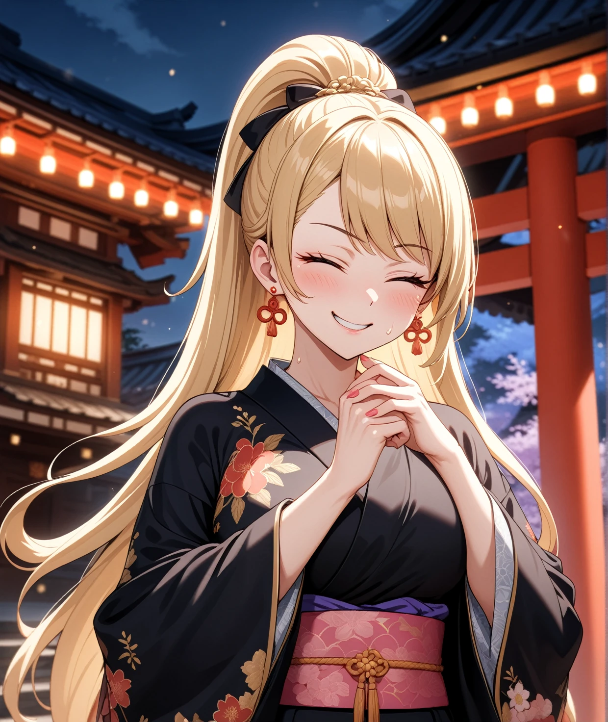 ((One woman)), Beautiful Face,Troubled face,((Wink:2.0)),Blushing,Glossy Lips,Abstract, Shrine at night, ((Anime style background)),masterpiece, highest quality, so beautiful, Absurd, up to date, Complex details, Pink long nails,AI-generated, Complex,High resolution, highest quality, super high quality,3D Images、View the viewers、3D Images,one person,Long Blonde Hair,(Hair with dark hairline),High Ponytail,blue eyes,Anime woman posing for a photo, [[Fine grain、Colorful eyes、Shining Eyes:1.15]],(Squint your eyes:1.1),a hyperRealistic , hyperRealistic , Realistic , Blonde anime woman with long hair, Smooth anime CG art, A woman in a colorful kimono with gold embroidery, Floral Yukata,Black kimono,Flower Hair Ornaments,Earrings,(Large Breasts:1.4),Mature Body,Sweat all over,tall,Big Ass,Fine details,Six-pack,Exposed nipples,Tilt your face,pinch the nipple with your fingers,