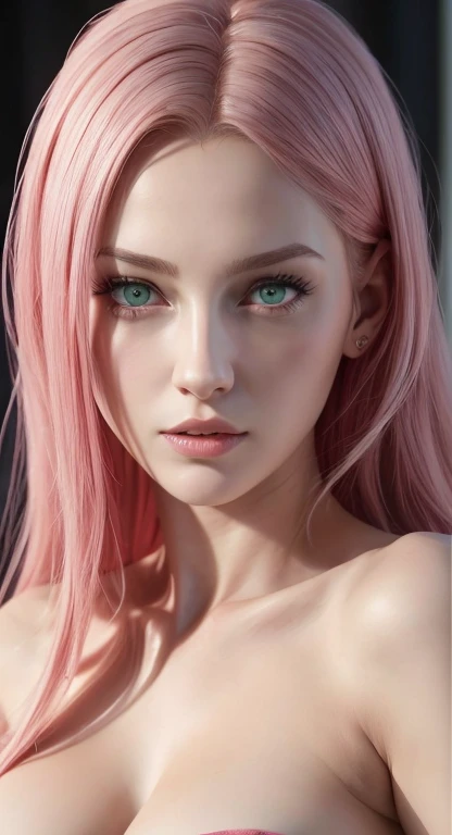 young woman, short shoulder-length pink hair, wide forehead, porcelain skin, pink eyebrows, big emerald green eyes, buttoned nose, full lips, heart-shaped face, slender body, small breasts, red tank top, Sakura Haruno , realistic, realism, details, 3d, well detailed
