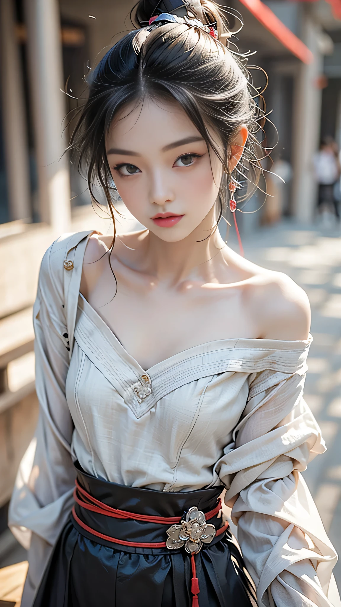 Beautiful and attractive woman in fashion trends, Gentle and attractive Chinese beauty, Delicate and sexy collarbone, Attractive oval face, double eyelid, Clever pink eyes, Pink Lips, Small Nose, Exposing shoulders, Focus on the face, Face close-up, Ultra high definition, Very detailed, The white off-the-shoulder shirt matches perfectly with the light blue slit skirt., Fresh and impressive