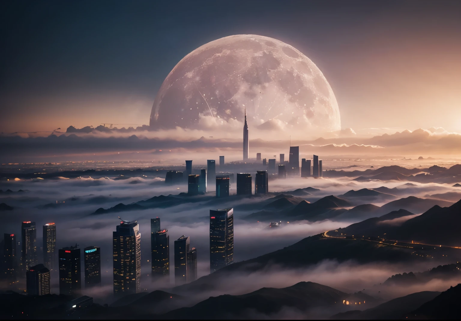 "Under the immense moon, a futuristic cityscape emerges from the ethereal mist. Its skyscrapers pierce the rosy dawn sky, casting elongated shadows across the landscape. In this dreamlike realm, the boundary between reality and imagination blurs, inviting exploration and wonder."