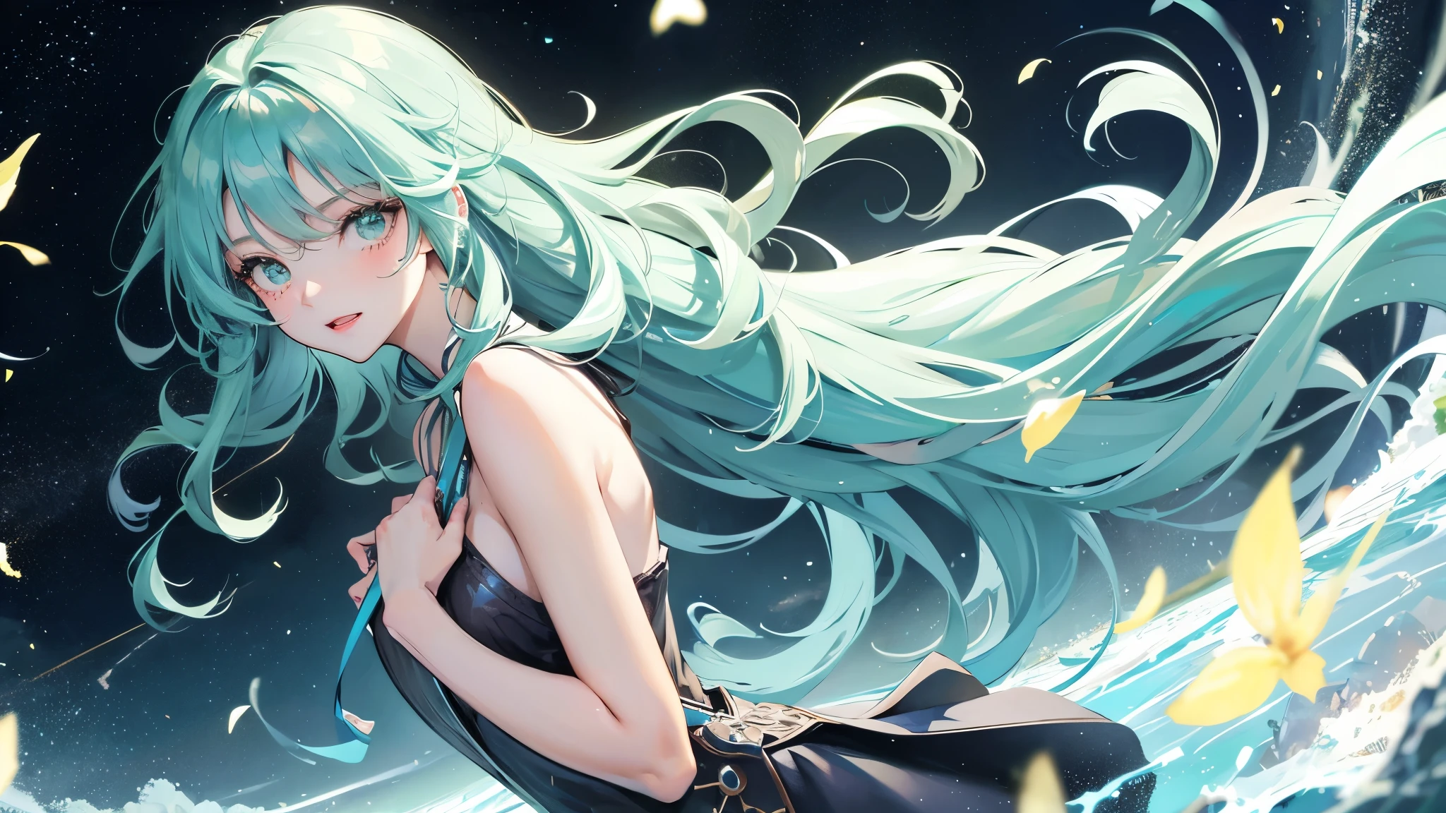 pull Overall composition light blue green black Sparkling solo (girl) greenい花 shooting star Night Sky pull one piece Wavy Hair one person White sky at dawn Shine Sparkling Light