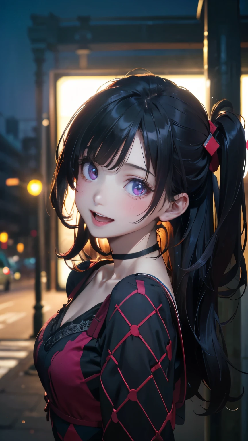 (masterpiece:1.2, top-quality), (realistic, photorealistic:1.4), beautiful illustration, (natural side lighting, movie lighting), depth of fields,
looking at viewer, 1 girl, japanese, high school girl, perfect face, cute and symmetrical face, shiny skin,
(long hair:1.7, (two side up:1.4), black hair, pink headband), blunt bangs, swept bang, purple eyes, long eye lasher, (medium breasts), slender
beautiful hair, beautiful face, beautiful detailed eyes, beautiful clavicle, beautiful body, beautiful chest, beautiful thigh, beautiful legs, beautiful fingers,
((dark red argyle check v-neck one-piece, long sleeves white puff sleeve blouse, black choker)), black hand bag,
(beautiful scenery), evening, (outside movie theater), walking, (lovely smile, upper eyes, open mouth small),