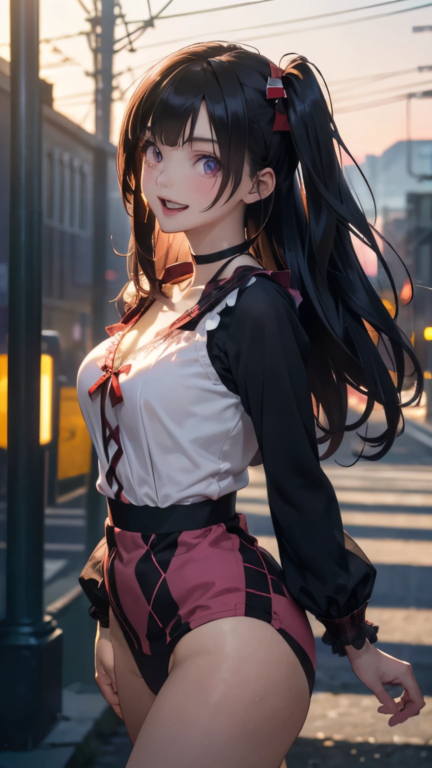 (masterpiece:1.2, top-quality), (realistic, photorealistic:1.4), beautiful illustration, (natural side lighting, movie lighting), depth of fields, 
looking at viewer, 1 girl, japanese, high school girl, perfect face, cute and symmetrical face, shiny skin, 
(long hair:1.7, (two side up:1.4), black hair, pink headband), blunt bangs, swept bang, purple eyes, long eye lasher, (medium breasts), slender
beautiful hair, beautiful face, beautiful detailed eyes, beautiful clavicle, beautiful body, beautiful chest, beautiful thigh, beautiful legs, beautiful fingers, 
((dark red argyle check v-neck one-piece, long sleeves white puff sleeve blouse, black choker)), black hand bag, 
(beautiful scenery), evening, (outside movie theater), walking, (lovely smile, upper eyes, open mouth small), 