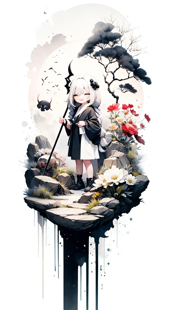 solo,1female\(chibi,cute,kawaii,age of 10,hair color white,braid hair,messy hair,eye color dark,eyes closed smile,white skin,big smile,enjoy,full body,wearing Grim Reaper's black Robe,holding scythe and skull,skip,flower hair ornament,white hair\),background\(black sky,withered flowers all over the ground,a thick red water\), BREAK ,quality\(8k,wallpaper of extremely detailed CG unit, ​masterpiece,high resolution,top-quality,top-quality real texture skin,hyper realisitic,increase the resolution,RAW photos,best qualtiy,highly detailed,the wallpaper\)