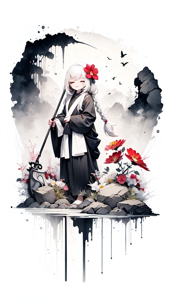 solo,1female\(chibi,cute,kawaii,age of 10,hair color white,braid hair,messy hair,eye color dark,eyes closed smile,white skin,big smile,enjoy,full body,wearing Grim Reaper's black Robe,holding scythe and skull,skip,flower hair ornament,white hair\),background\(black sky,withered flowers all over the ground,a thick red water\), BREAK ,quality\(8k,wallpaper of extremely detailed CG unit, ​masterpiece,high resolution,top-quality,top-quality real texture skin,hyper realisitic,increase the resolution,RAW photos,best qualtiy,highly detailed,the wallpaper\)