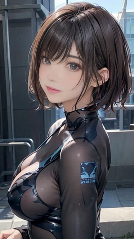 highest quality, shape, Very detailed, finely, High resolution, 8k wallpaper, 完璧なダイナミックな構shape, 美しくてBeautiful Eyes,Short Bob Hair、Big Breasts、Natural color lip, Bold sexy pose、smile、Adult female 30 years old、美shape、ear piercing,Adult sex appeal、Subject posing sexy for the camera,Sculpture model pose,((リアルなillumination, highest quality, 8k, masterpiece: 1.3)), Clear focus: 1.2, 1 girl, Perfect body beauty: 1.4, Slim Abs: 1.1, ((Dark brown wavy hair, Hair inner color blue,Hair blown by the wind and messy,Big Breasts: 1.3)), (Finished with body paint,Transparent dark silver zebra patterned transparent rider suit: 1.4), (Black background, illumination: 1.1),Body Paint Dresses, whole body, Long legs, Very detailedな顔, Beautiful Eyes, double eyelid,"Please randomly select one of the following camera angles:: Back view, whole bodyショット, Front view, Or a low angle shot."