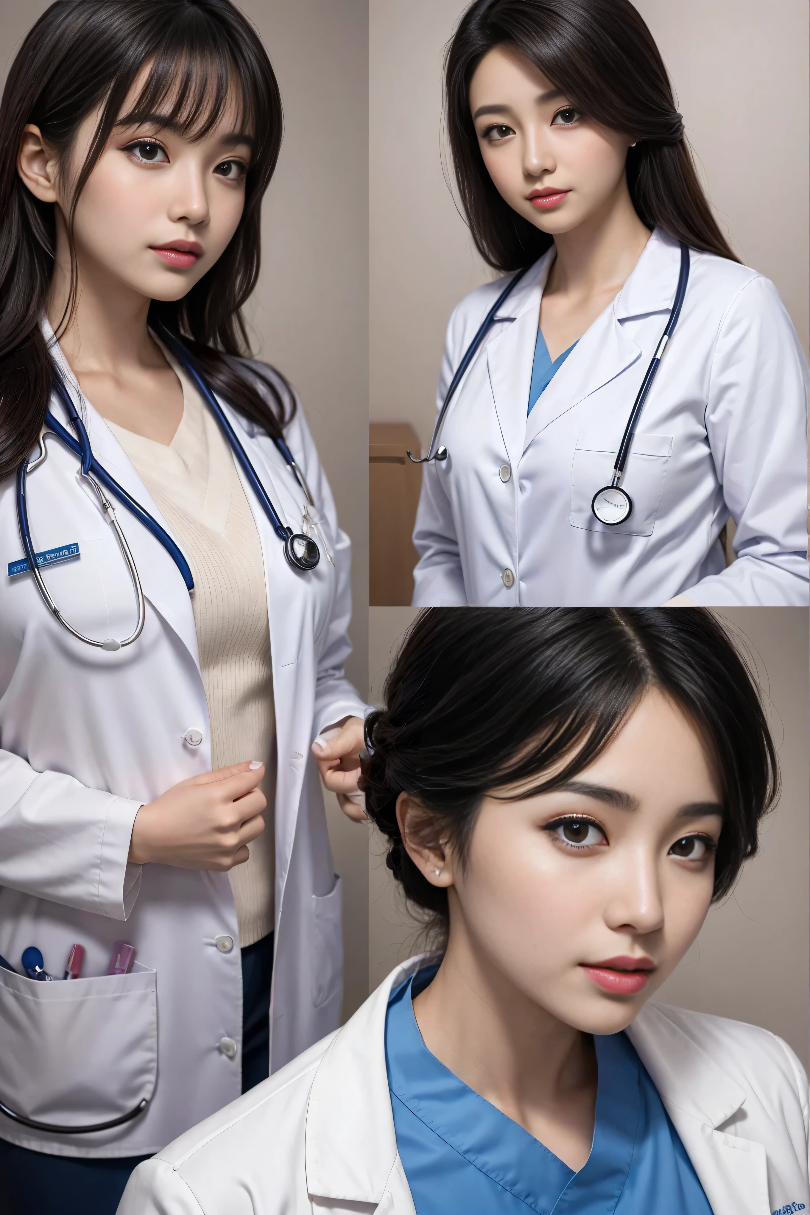 Realistic beautiful doctor、Stunningly beautiful、Doctor&#39;s white coat, Collared shirt、(Top quality、8K、32K、masterpiece、North African Trade Zone:1.3)、Ultra-high resolution,(Reality:1.4),Original Photography, Detailed face,,Beautiful hair, ((Doctor style)),,((Leg length)), （Thigh gap：1.5）， , Black tight skirt、 Natural Makeup,, Big plump breasts、In the hospital, Detailed background, Perfect lighting, Depth of Field, Beautiful shadow gradient,Stethoscope ,Full body proportion photo，