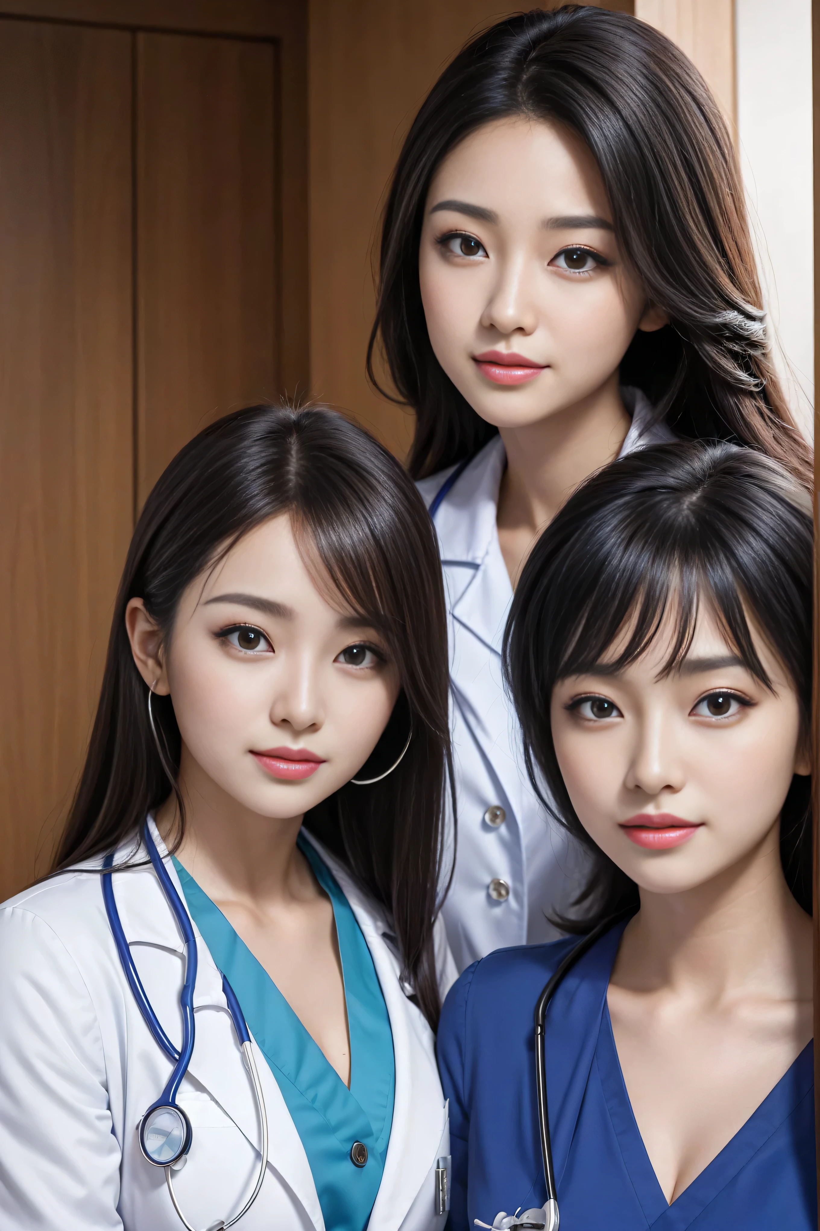 Realistic beautiful doctor、Stunningly beautiful、Doctor&#39;s white coat, Collared shirt、(Top quality、8K、32K、masterpiece、North African Trade Zone:1.3)、Ultra-high resolution,(Reality:1.4),Original Photography, Detailed face,,Beautiful hair, ((Doctor style)),,((Leg length)), （Thigh gap：1.5）， , Black tight skirt、 Natural Makeup,, Big plump breasts、In the hospital, Detailed background, Perfect lighting, Depth of Field, Beautiful shadow gradient,Stethoscope ,Full body proportion photo，