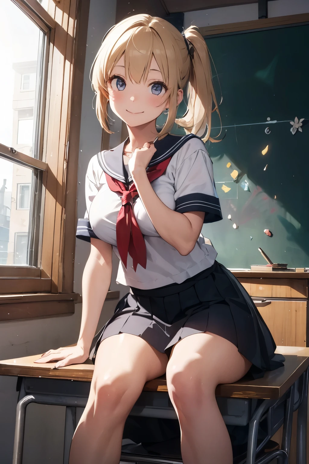 from below, cowboy shot, legs focus, 1girl, gal, sitting on table, crossed_legs, serafuku, large breasts, legs, blonde hair, pony tail, evil smile, indoor, classroom, table, blackboard, window, masterpiece, high quality, best quality, beautiful, hd, perfect lighting, detailed face, detailed body, masterpiece, best quality, intricate details, 8k uhd, perfect face, perfect eyes