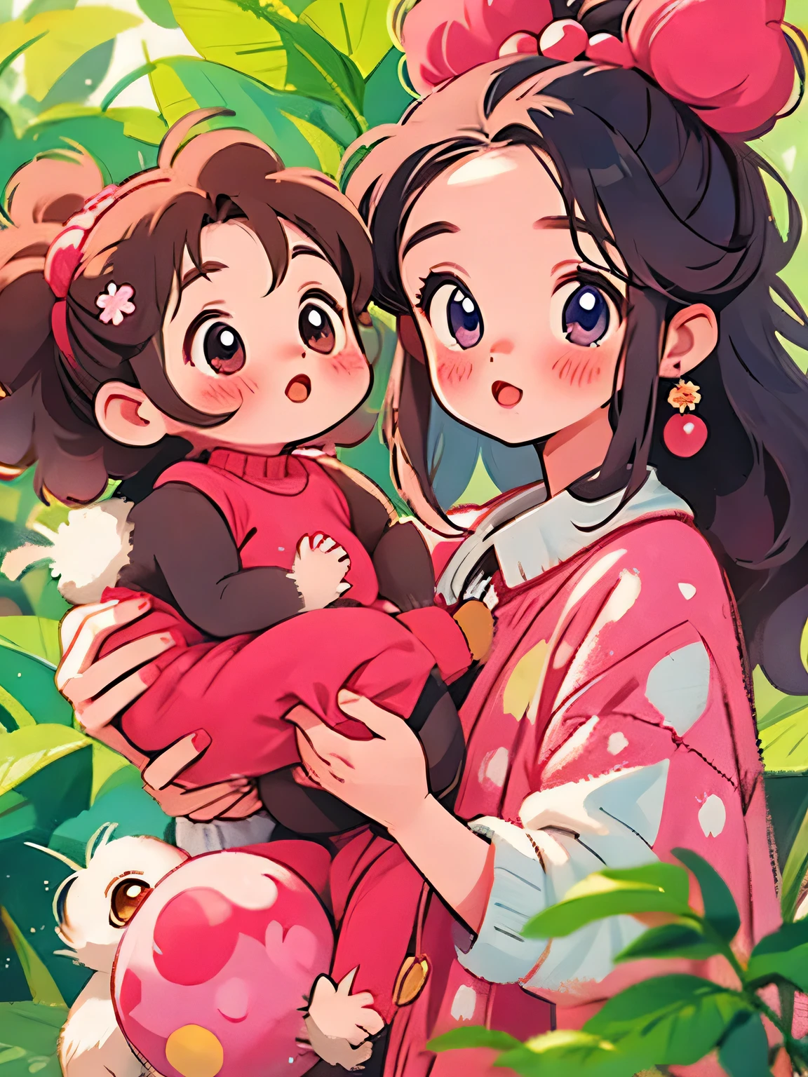 Momoko Sakura style, Kawaii Design, The most beautiful girl of all time、Chibi, monkey, play together、monkey Forest