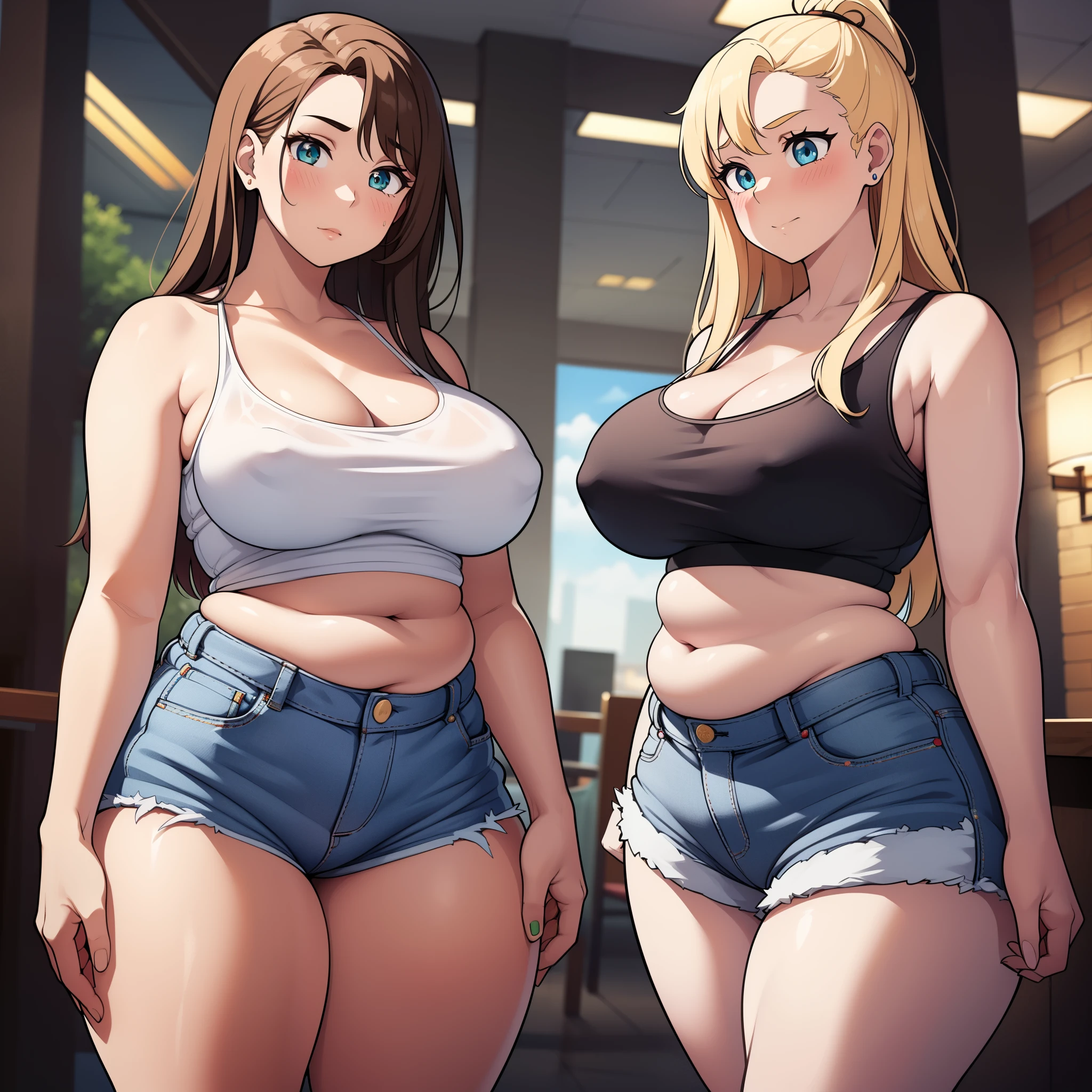 ((highres)), Masterpiece, high quality, best quality, beautiful, perfect lighting, detailed face, ultra cute face, ((2girls)), blush, one girl has blonde hair, blue eyes, crop top and shorts, one girl has brown hair, green eyes, jeans, white shirt, fast food restaurant, cleavage, medium breasts, ((wide hips)), (thick thighs), ((plump)), chubby belly, belly grab, fat folds, standing next to each other,