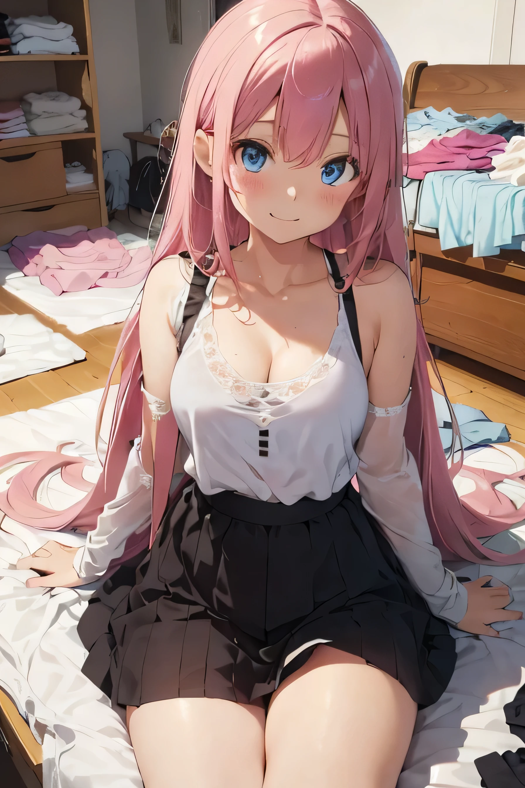 Tabletop, highest quality, (A lot of clothes are scattered:1.8)、Very detailed, 8k_wallpaper,Pink Hair,Very long hair, (Beautiful Eyes), ((cute)), cute, (Lovely), 3 Girls,Cleavage,Thighs Thighs Thighs Thighs,Tank top skirt,,.Knee-high socks,, Knee socks,smile,,Striped panties,Back view,Pixiv Art,anime,Gal,slim,thin,(A lot of clothes are lying around:1.4)、,Iris|blue eyes,Messy room、Sit-in、large room