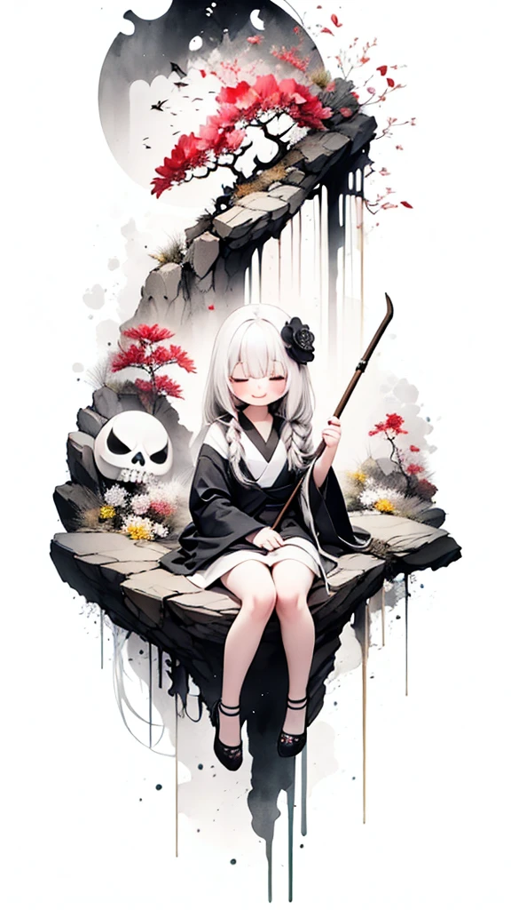 solo,1female\(chibi,cute,kawaii,,hair color white,braid hair,messy hair,eye color dark,eyes closed smile,white skin,big smile,enjoy,full body,wearing Grim Reaper's black Robe,holding scythe and skull,skip,flower hair ornament,white hair\),background\(black sky,withered flowers all over the ground,a thick red water\), BREAK ,quality\(8k,wallpaper of extremely detailed CG unit, ​masterpiece,high resolution,top-quality,top-quality real texture skin,hyper realisitic,increase the resolution,RAW photos,best qualtiy,highly detailed,the wallpaper\)