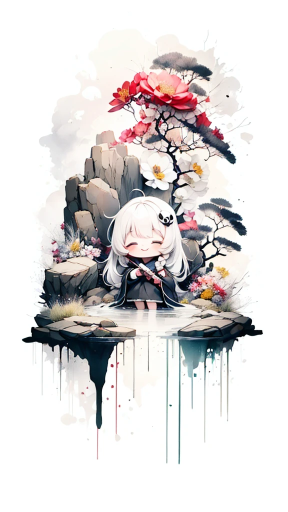 solo,1female\(chibi,cute,kawaii,age of 10,hair color white,braid hair,messy hair,eye color dark,eyes closed smile,white skin,big smile,enjoy,full body,wearing Grim Reaper's black Robe,holding scythe and skull,skip,flower hair ornament,white hair\),background\(black sky,withered flowers all over the ground,a thick red water\), BREAK ,quality\(8k,wallpaper of extremely detailed CG unit, ​masterpiece,high resolution,top-quality,top-quality real texture skin,hyper realisitic,increase the resolution,RAW photos,best qualtiy,highly detailed,the wallpaper\)