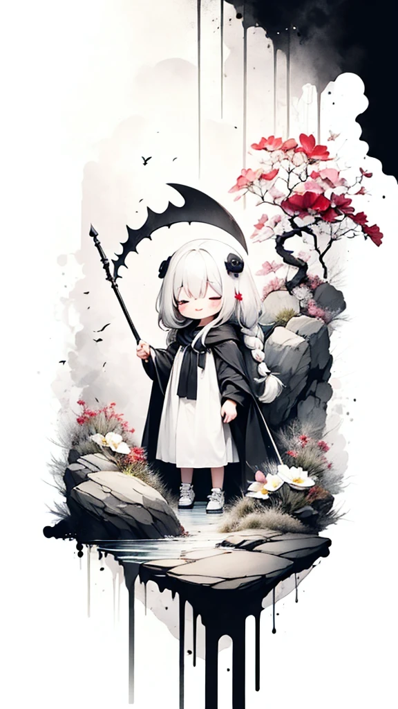 solo,1female\(chibi,cute,kawaii,,hair color white,braid hair,messy hair,eye color dark,eyes closed smile,white skin,big smile,enjoy,full body,wearing Grim Reaper's black Robe,holding scythe and skull,skip,flower hair ornament,white hair\),background\(black sky,withered flowers all over the ground,a thick red water\), BREAK ,quality\(8k,wallpaper of extremely detailed CG unit, ​masterpiece,high resolution,top-quality,top-quality real texture skin,hyper realisitic,increase the resolution,RAW photos,best qualtiy,highly detailed,the wallpaper\)