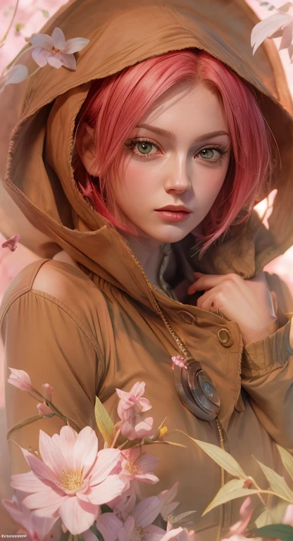 young woman, short shoulder-length pink hair, wide forehead, porcelain skin, pink eyebrows, big emerald green eyes, buttoned nose, full lips, heart-shaped face, slender body, small breasts, red tank top, Sakura Haruno , realistic, realism, details, 3d, well detailed