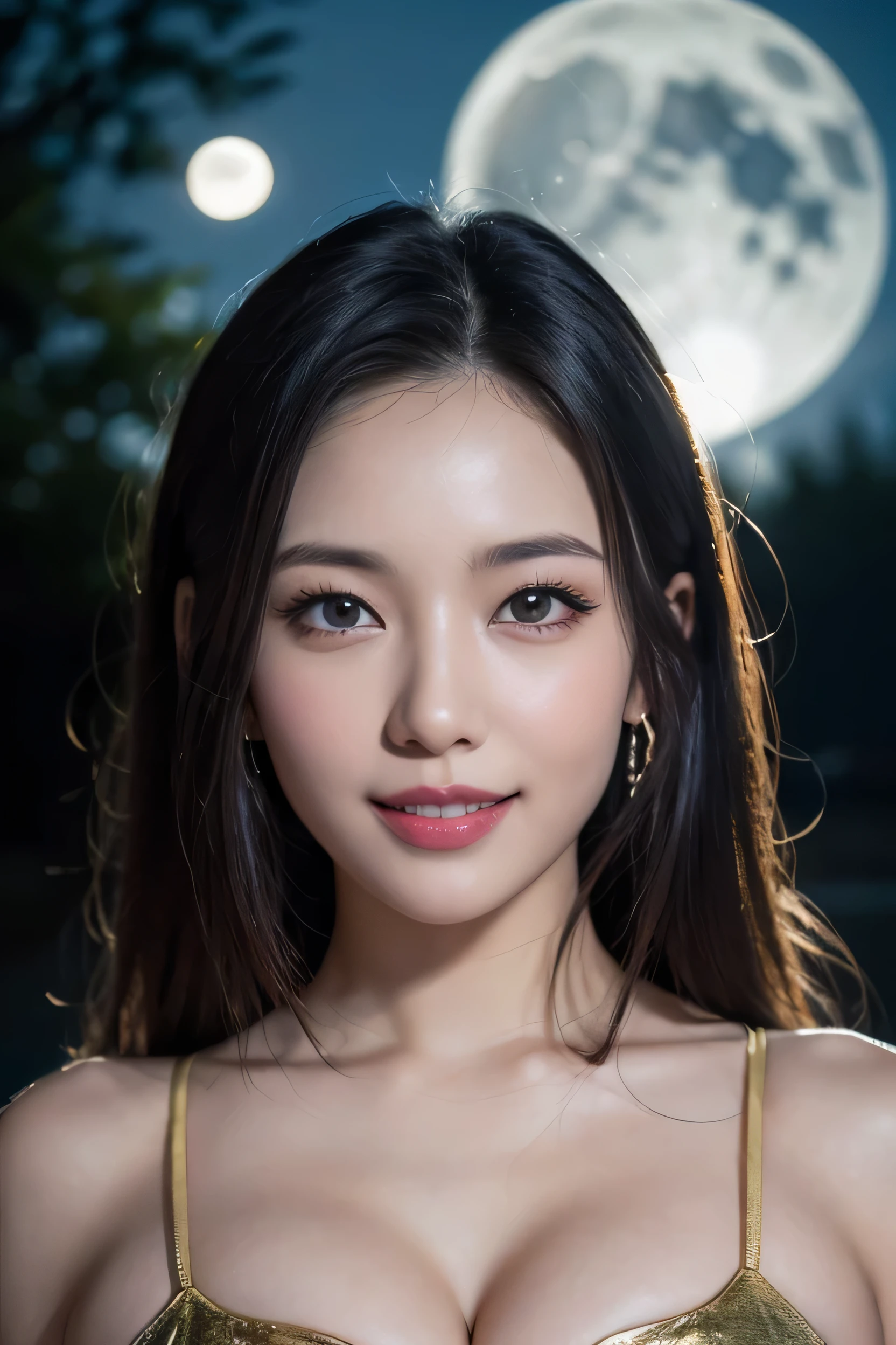 Body portrait, 8K, thin and beautiful eyes, Dindal effect, masterpiece, top quality, high quality, high resolution, very detailed photo, (natural skin texture, fine skin, hyper realism, super sharpness), high detail skin, (very fine) ), fine skin texture, fine detail, beautiful face, (realistic face), realistic eyes, beautiful and detailed eyes, realistic skin, beautiful skin, surreal, high definition Golden ratio, double eyelids, cute smile, smiling, bursting with laughter, smiling eyes, ((moonlight background at night)) ), body portrait, G cup, big breasts, big breasts, big breasts, glamorous, sexy knit dress,
