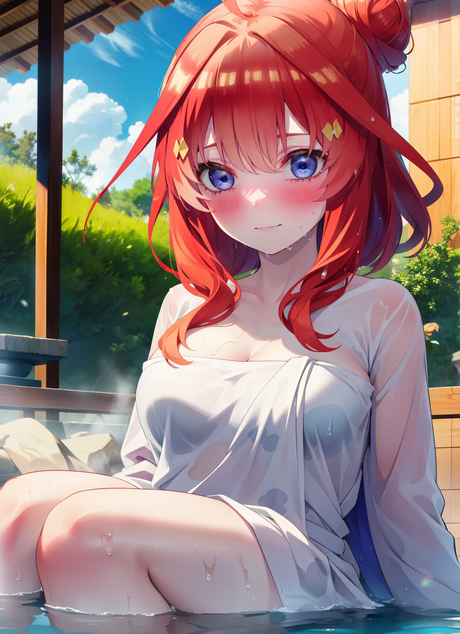 itsukinakano, Itsuki Nakano, bangs, blue eyes, Hair between the eyes, Ahoge, Redhead, smile,Big Breasts,Naked Towel,Hair Bun, single Hair Bun,
blush,smile, Wet Hair,Wet towel,Wet Naked,Open your mouth,Damp Hair,Completely naked,barefoot,Cover one&#39;s naked body with a bath towel,moon光,night,moon,whole bodyがイラストに入るように,Open-air bathから白い煙ががでている,hot water,
break outdoors, Open-air bath,
break looking at viewer, whole body,
break (masterpiece:1.2), highest quality, High resolution, unity 8k wallpaper, (figure:0.8), (Beautiful fine details:1.6), Highly detailed face, Perfect lighting, Highly detailed CG, (Perfect hands, Perfect Anatomy),