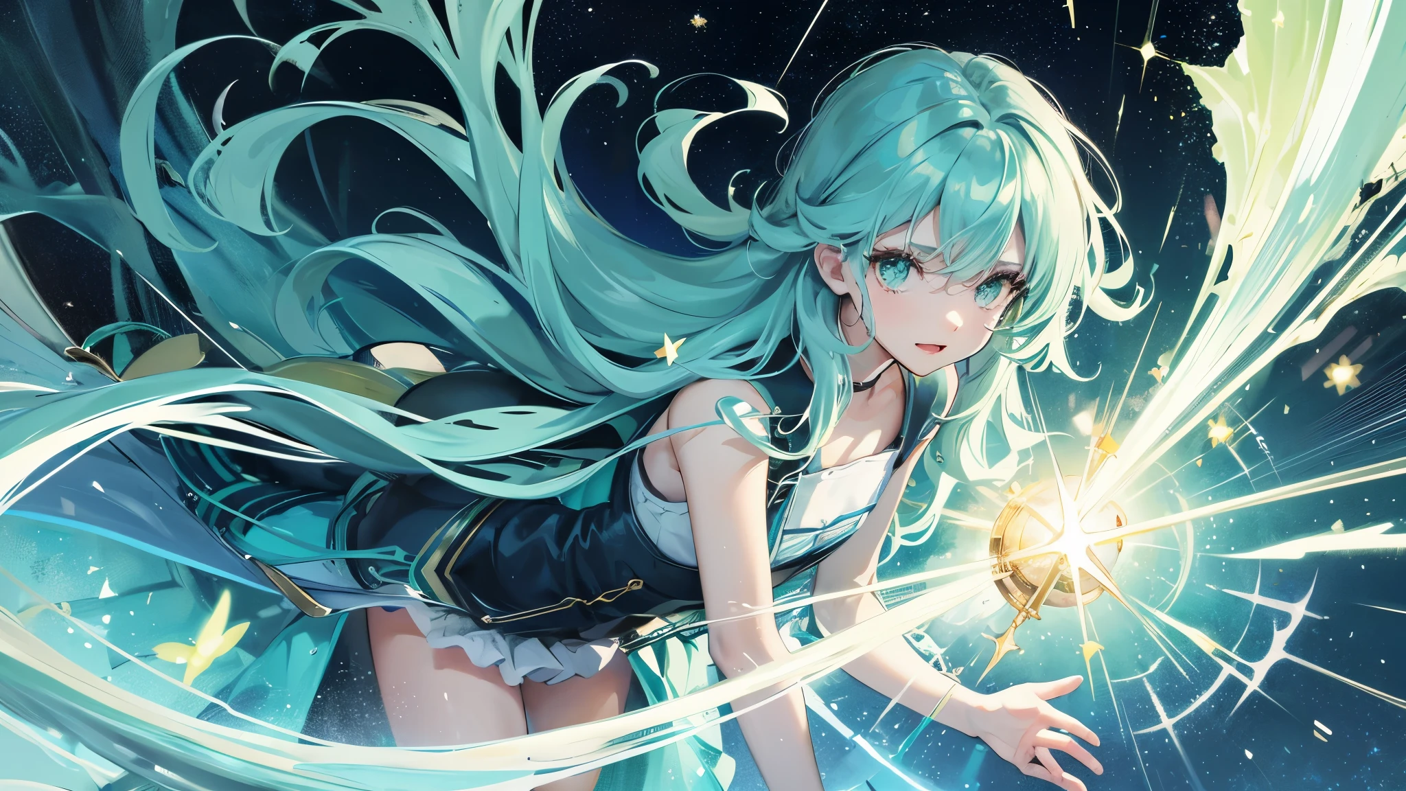 pull　Overall composition　light blue　green　black　Sparkling　solo　(girl)　　greenい花　shooting star　Night Sky　　pull　one piece　Wavy Hair　one person　White sky at dawn　Shine　Sparkling　Light