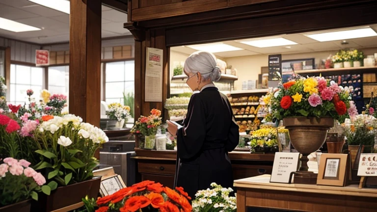 An old lady clerk at a flower shop talking to a customer、Back view、Inside the store、Buckshot