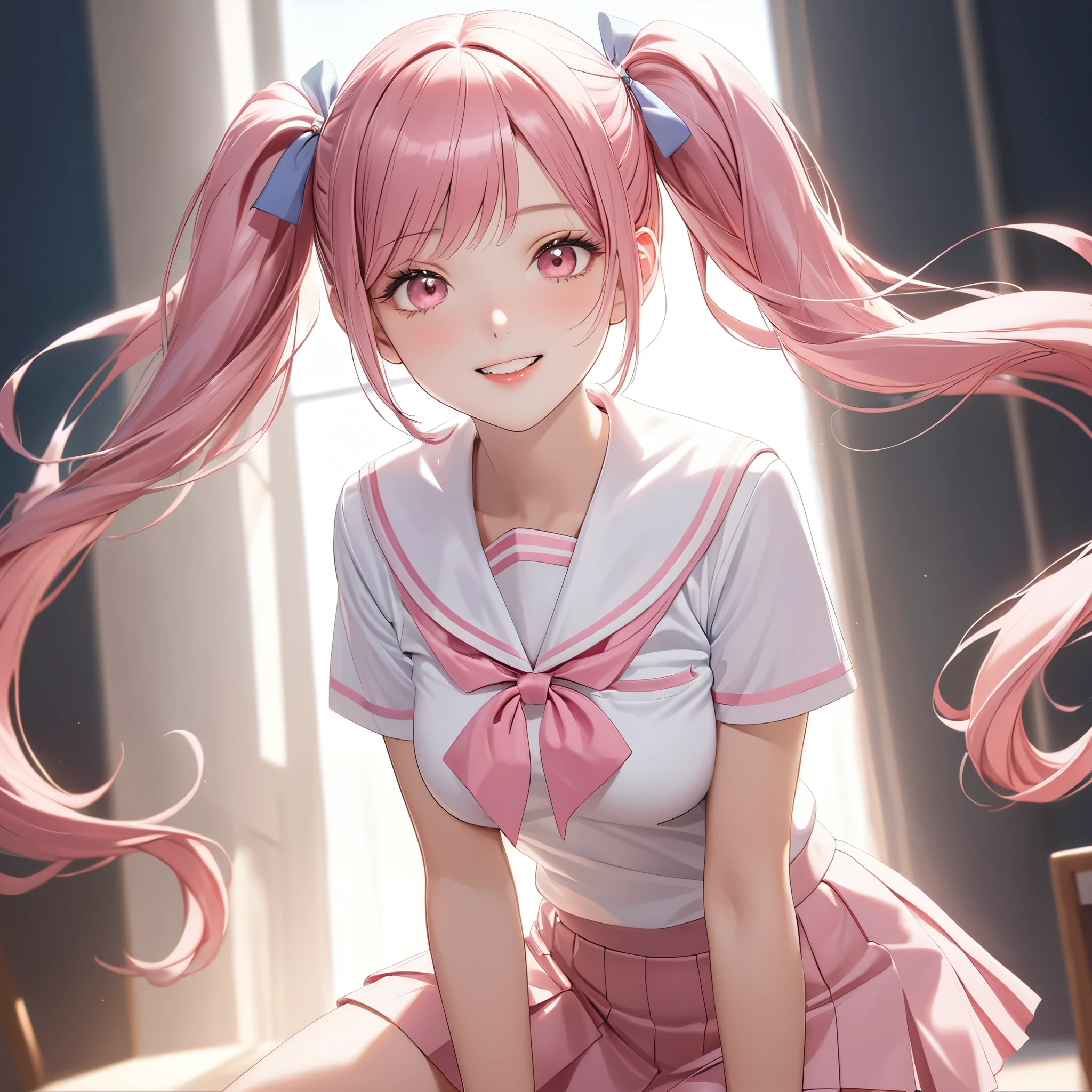 (8K, masutepiece, Best Quality, Official art, beautiful detailed, beautiful lighting, best masterpiece in history that exceeds limits), (1 Girl, Solo), (sixteen years old), (beautiful detailed face), (shiny white skin), (Beautiful big bust:1.3), (thighs, navel), (beautiful detailed pink twin tails hair, Bangs:1.3), (beautiful detailed drooping pink eyes:1.5), (high school uniform:1.3), (patsel pink sailor collar, white short sleeves short length outing shirt, pastel pink pleated skirt, patsel pink ribbon:1.3), (happy smile:1.2), (Attractive, Look at the camera, cute pose), breathtaking scenery, (ultra detailed realistic Beautiful high school, study, blue sky:1.2),