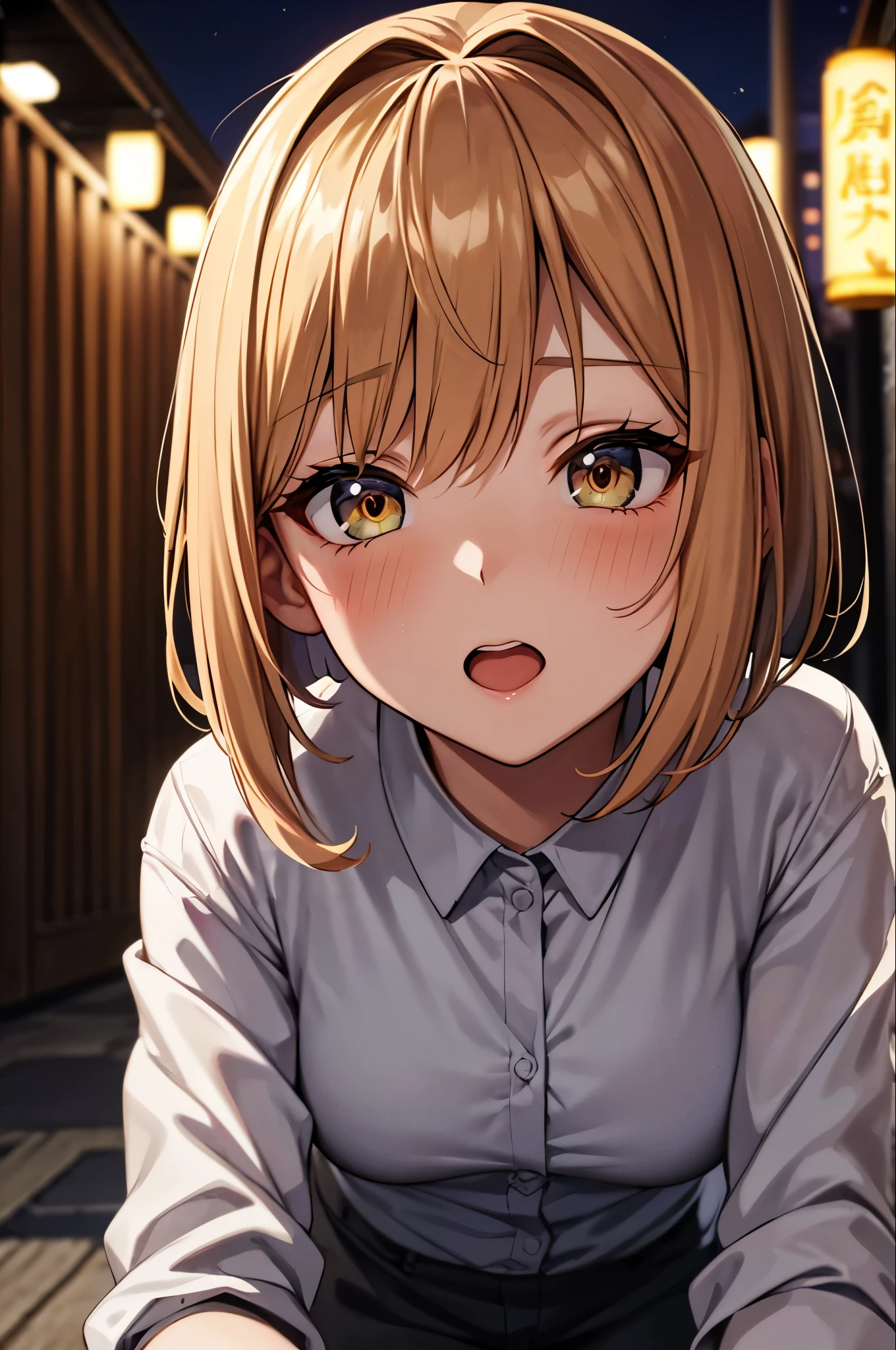 masterpiece, High resolution, figure, Kyoto Animation Style, 君of名は映画スタイル, night, midnight, Gentle light, Fascinating Light, (1 female: 1.3), (alone: 1.4), Long eyelashes, Short Bob, nose_blush, Open_mouth,Chirarizum, dynamic perspective, perspective, Bokeh, depth_of_Field, from_ Under