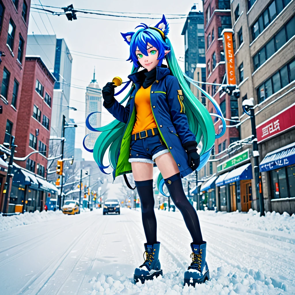 best quality,ultra high res,1girl,solo,full body,snow,city,, blue hair,green eyes,jk, Gadget Hackwrench