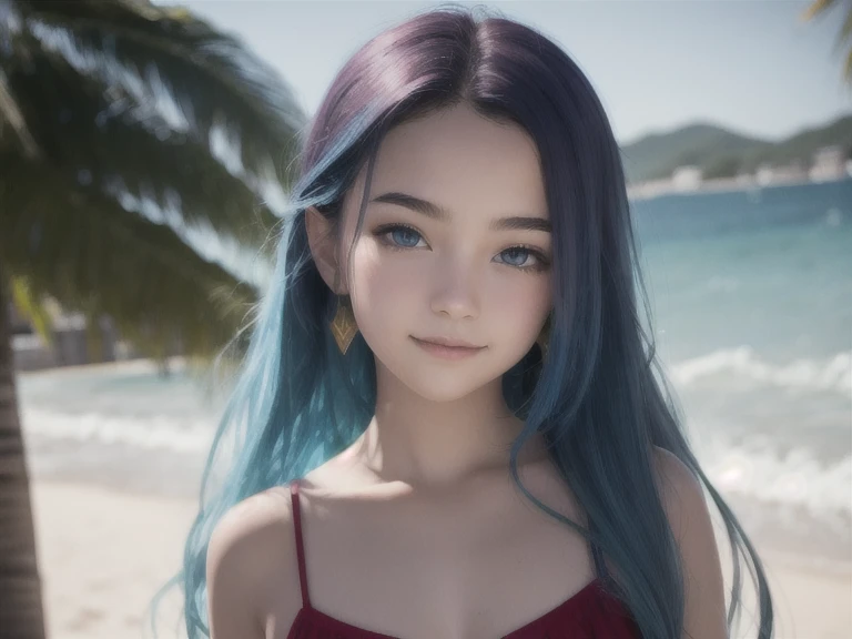 masterpiece, best quality, High resolution, Ali 1, 1 Girl, Solitary, Platinum Hair, potassium/and (League of Legends), long hair, Colorful hair, Open hair, blue eyes, Two-tone hair, beach andy, Smile, There are 2 girls on each side of her, The girl with red hair on the left,The girl with blue hair on the right