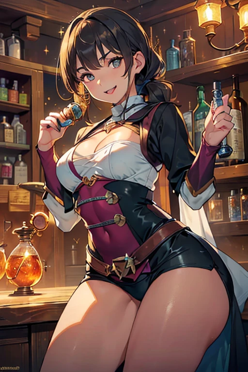 (fantasy:1.5),(8k,masterpiece, top quality, best quality,beautiful and aesthetic:1.2,professional illustrasion:1.1,ultra detail:1.3,perfect lighting),extremely detailed,highest detailed,incredibly absurdres , highres, ultra detailed,intricate:1.6,(Alchemy Workshop:1.4),A girl mixing,Medicine in many small bottles,holding small potion,colorful:1.4,zentangle,(a girl 26yo old),(cute girl),pointed chest:1.3,(double breasted:1.2,under bust:1.2), Amazing Cleavage:1.3, thin waist, big ass, Raised sexy, small breast: 1.2 posed cleavage:1.2,(female alchemy fashon:1.3),(highly detailed beautiful face and eyes,firm breasts),oily skin,((bronde hair, long pony tail hair)),thin pubic hair,cute,lovely,beautifuk alchemist costume,smile,in the Alchemy Workshop,smile,seductive weak smiling,(with sparkling eyes and a contagious smile),open mouth, Looking at Viewer,