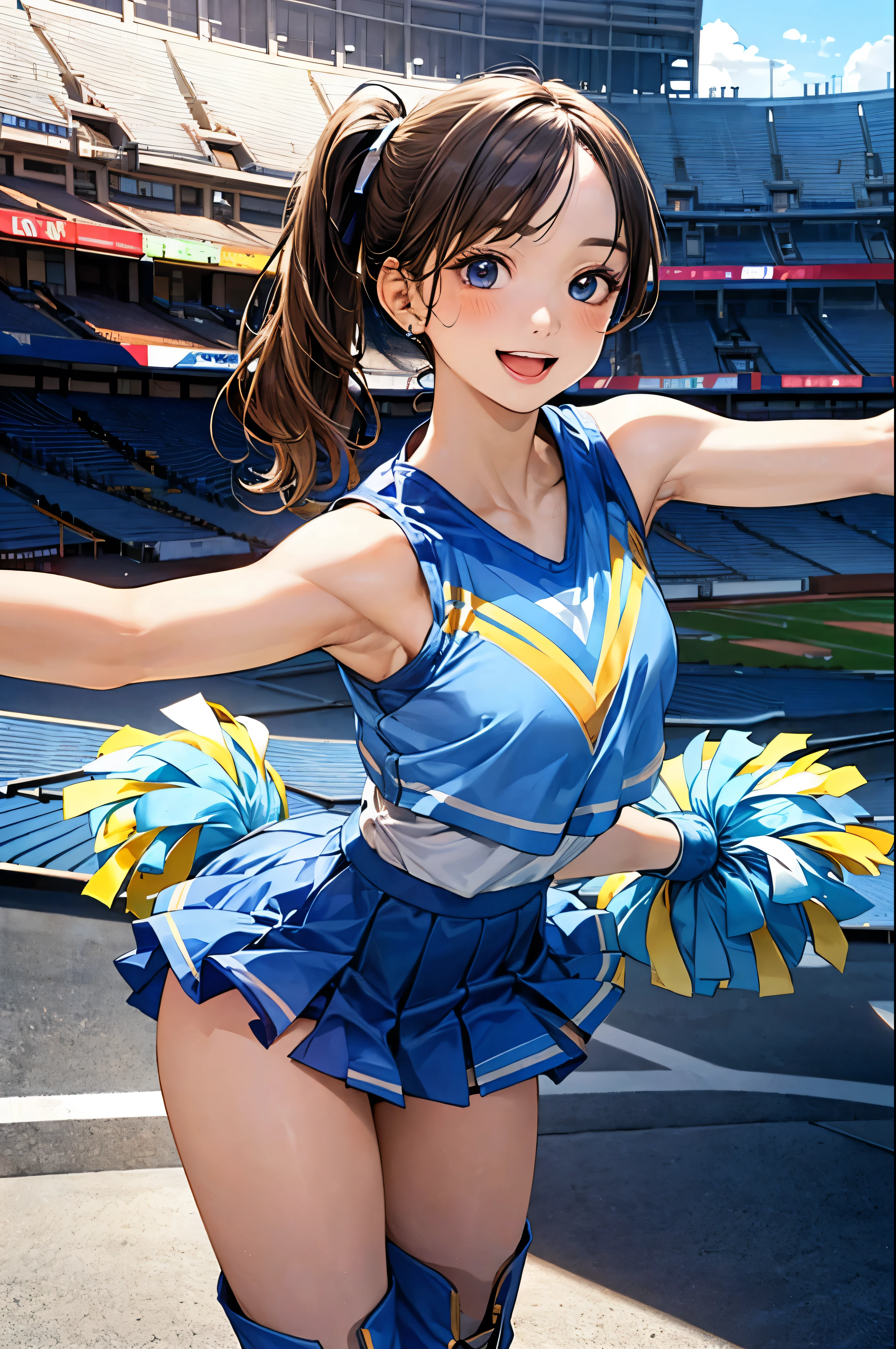 (masterpiece:1.2, highest quality), (Realistic, photoRealistic:1.4), Beautiful illustrations, (Natural Side Lighting, Cinema Lighting), Depth of written boundary, Backlight,
View Viewer, 1 girl, Japanese, high school girl, , Perfect Face, Cute and symmetrical face, Shiny skin,
(Mid-length hair, Side Ponytail, Light brown hair), Asymmetrical bangs, blue eyes, Long Eyelashes, (Medium chest), Cute round face, Beautiful Makeup,
Beautiful Hair, Beautiful Face, Beautiful fine details, Beautiful clavicle, Beautiful body, Beautiful breasts, Beautiful thighs, Beautiful feet, Beautiful fingers,
((Sleeveless light blue cheerleader:1.2), boots),
(Beautiful views), evening, (Stadium Background:1.2), very cute, Raise your arms, Underarm, (Cute smile, Open your mouth), I can see your pants