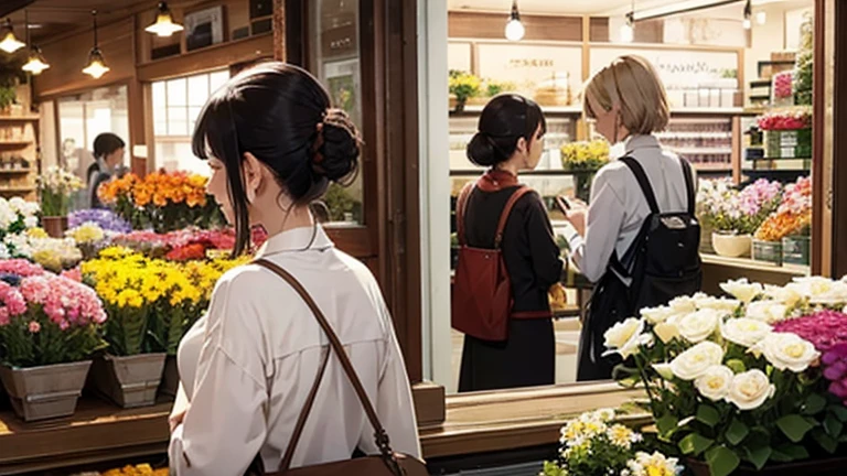 Customer in front、Old lady saleswoman at a flower shop、Back view、Inside the store、Buckshot