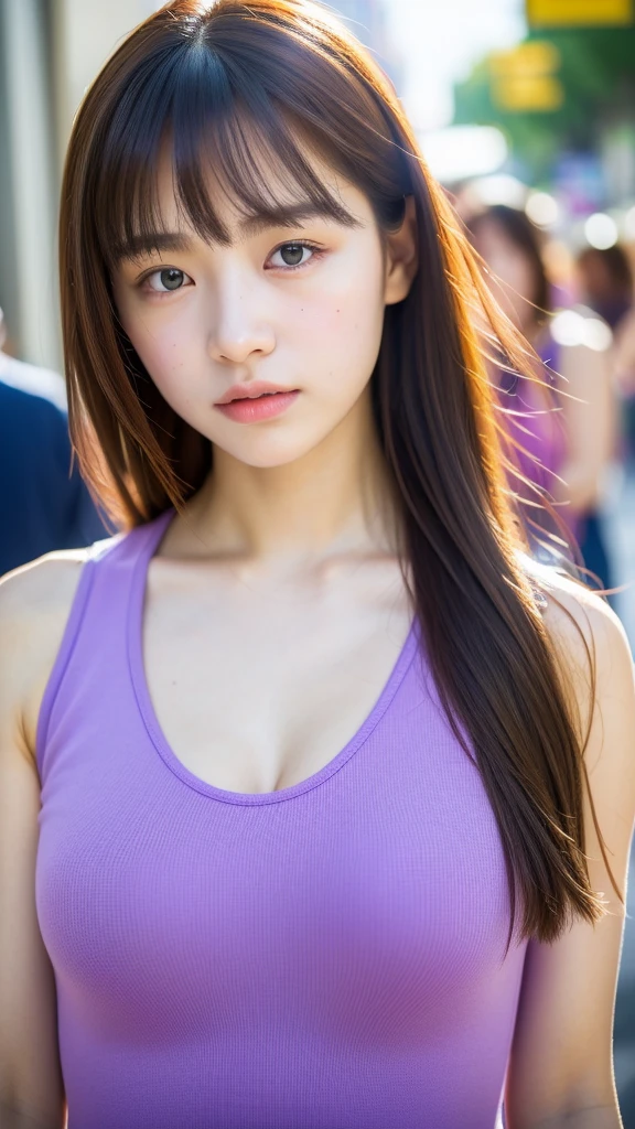 (best quality, 8k, 32k, masterpiece, UHD:1.2), ultra high resolution, (pretty a Korean early girl), (baby face:1.3), portrait, large breasts, cleavage, long brown hair, bangs, (wearing purple tank-top), (crowded city street on sunny day:1.3), (detailed background:1.5)