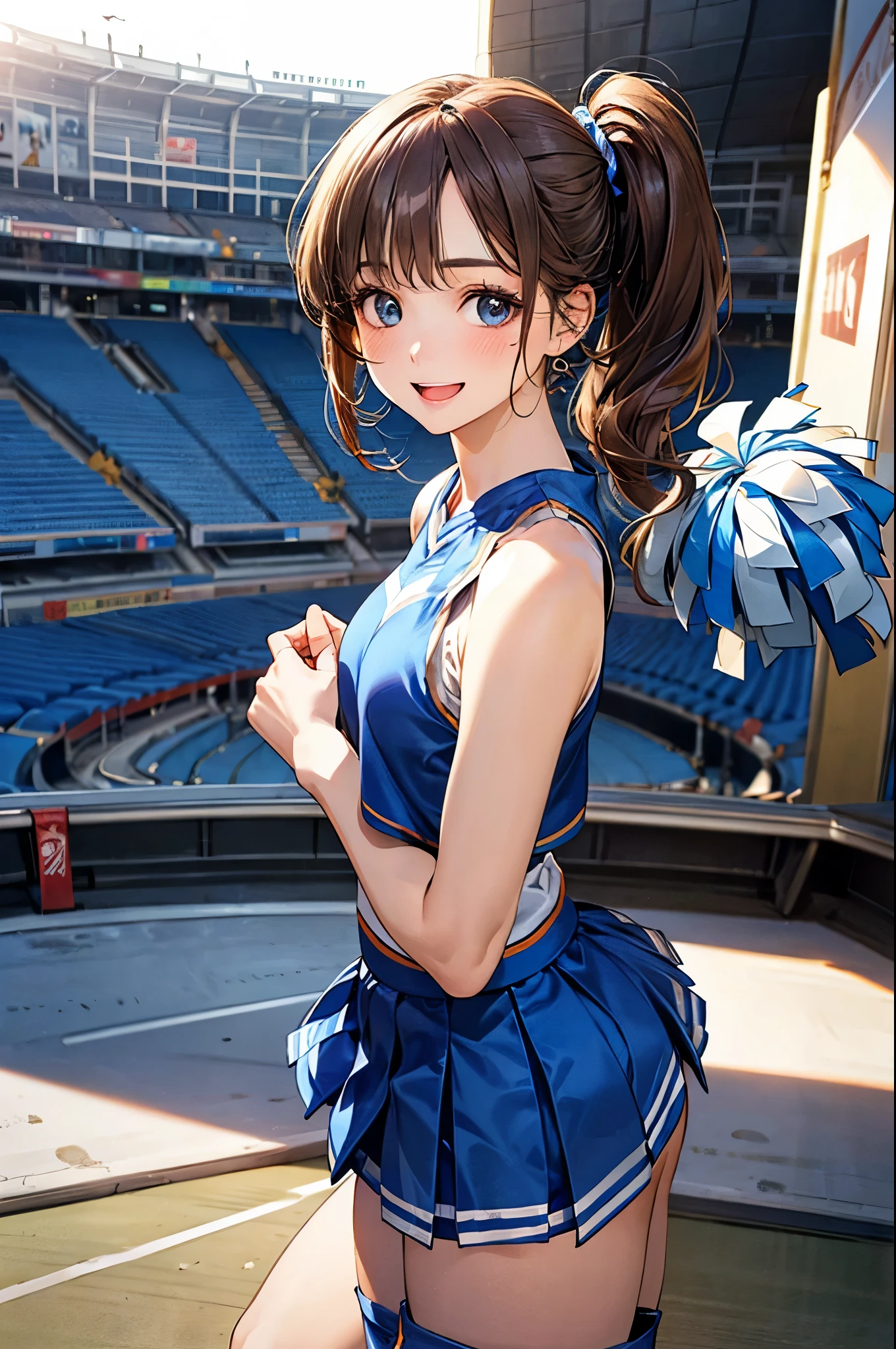 (masterpiece:1.2, highest quality), (Realistic, photoRealistic:1.4), Beautiful illustrations, (Natural Side Lighting, Cinema Lighting), Depth of written boundary, Backlight, 
View Viewer, 1 girl, Japanese, high school girl, , Perfect Face, Cute and symmetrical face, Shiny skin, 
(Mid-length hair, Side Ponytail, Light brown hair), Asymmetrical bangs, blue eyes, Long Eyelashes, (Medium chest), Cute round face, Beautiful Makeup, 
Beautiful Hair, Beautiful Face, Beautiful fine details, Beautiful clavicle, Beautiful body, Beautiful breasts, Beautiful thighs, Beautiful feet, Beautiful fingers, 
((Sleeveless light blue cheerleader:1.2), boots), 
(Beautiful views), evening, (Stadium Background:1.2), very cute, Raise your arms, Underarm, (Cute smile, Open your mouth), I can see your pants